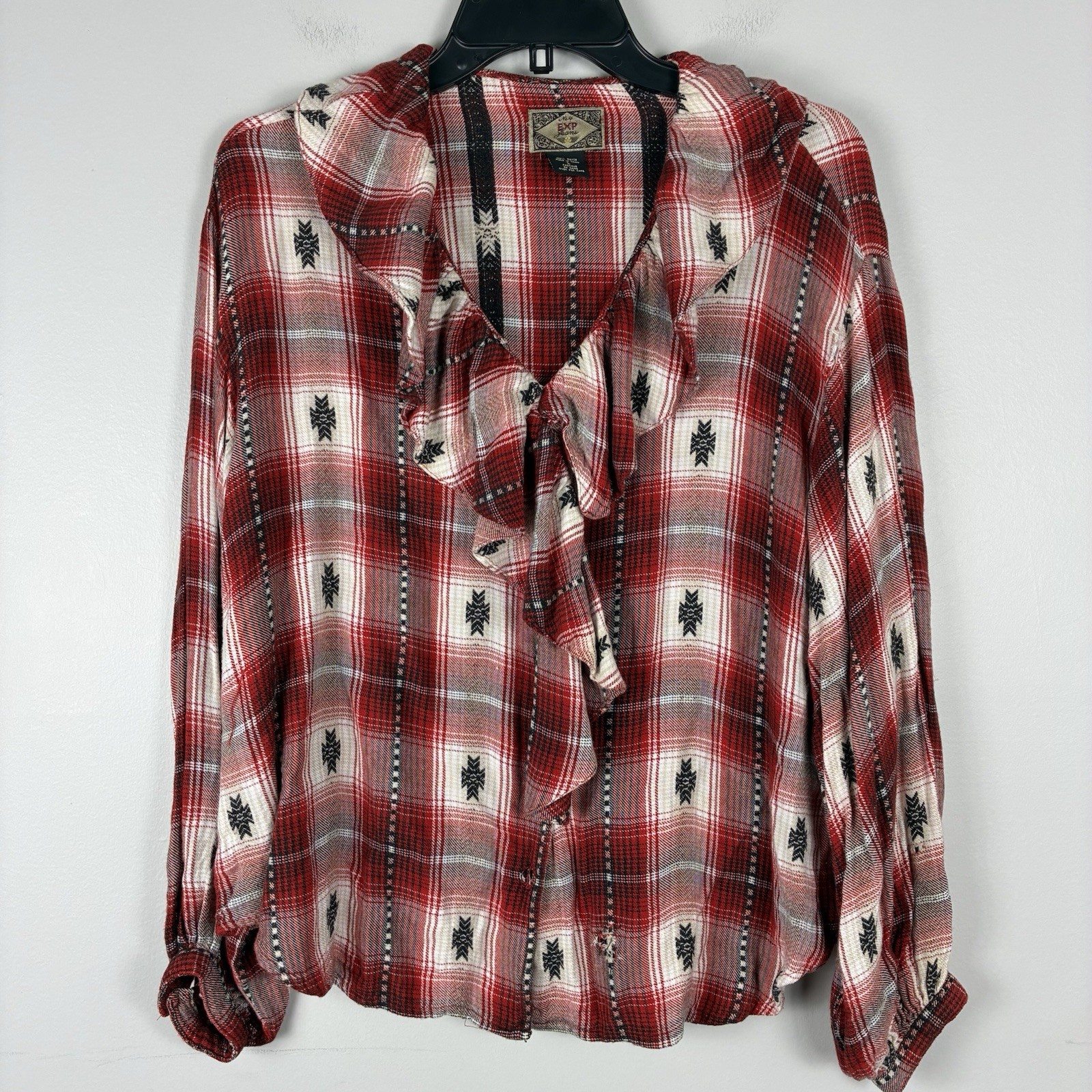 Vintage Cabin Western Southwestern Red Rodeo Womens Top Sz L Ruffle Long Sleeve