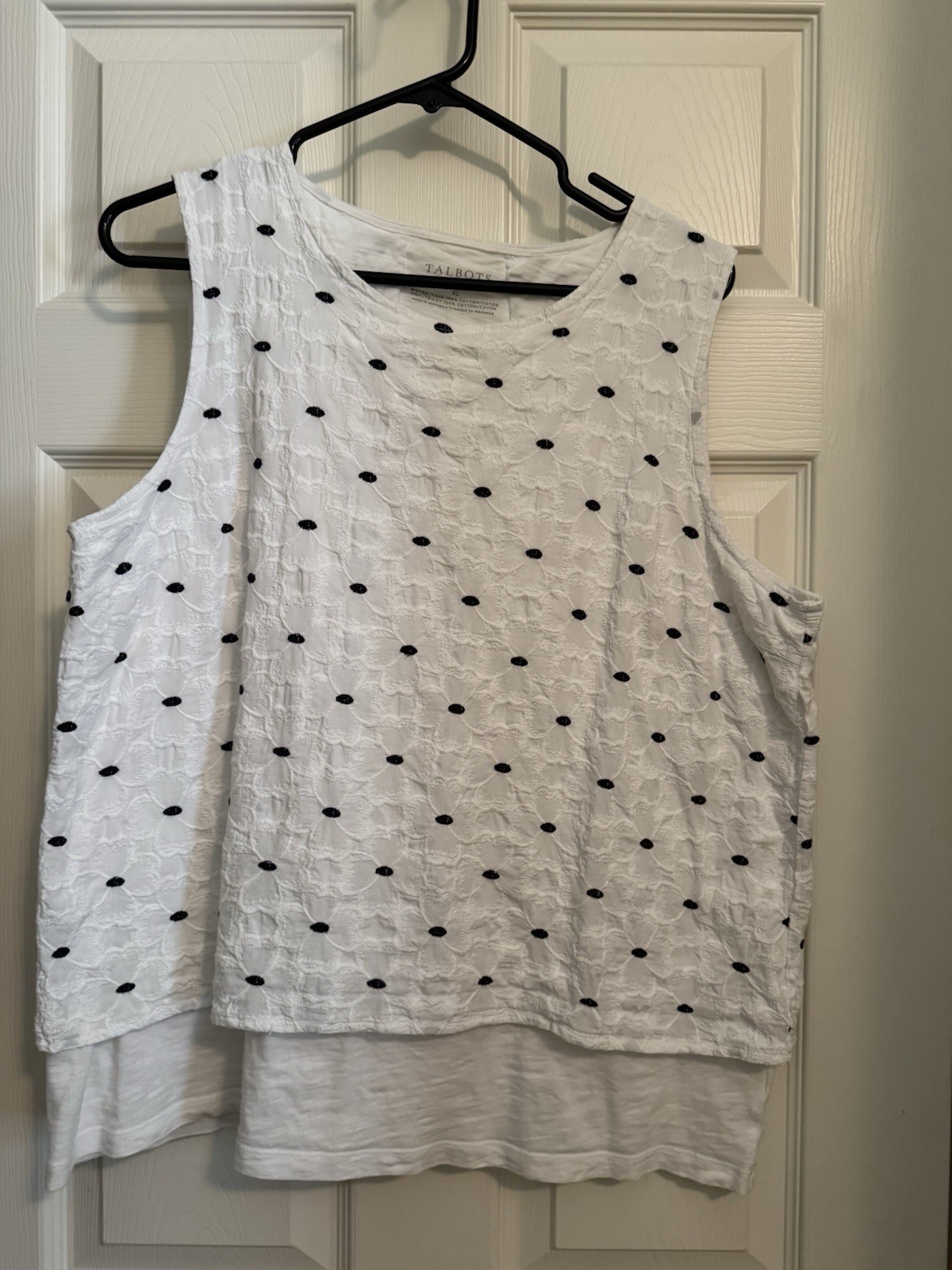 Talbots Women’s Sleeveless Shirt White Navy Polka Dot, Size XL