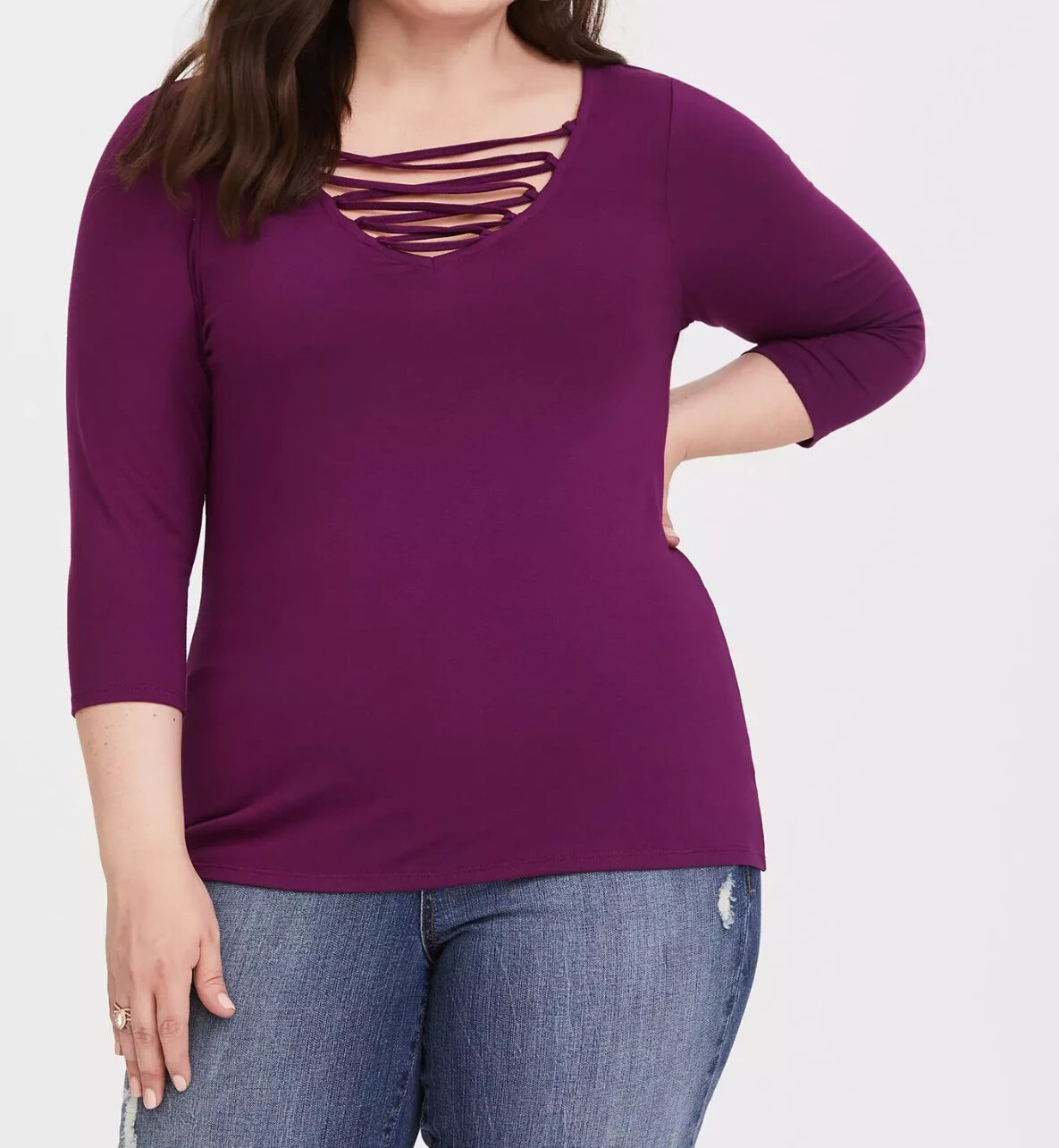 Torrid Berry Lattice Neck 3/4 Sleeve Tee Purple 00 M L 10 #A99828