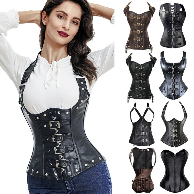 Women Faux Leather Corset Burlesque Bustier Steampunk Boned Overbust Lace Up Top