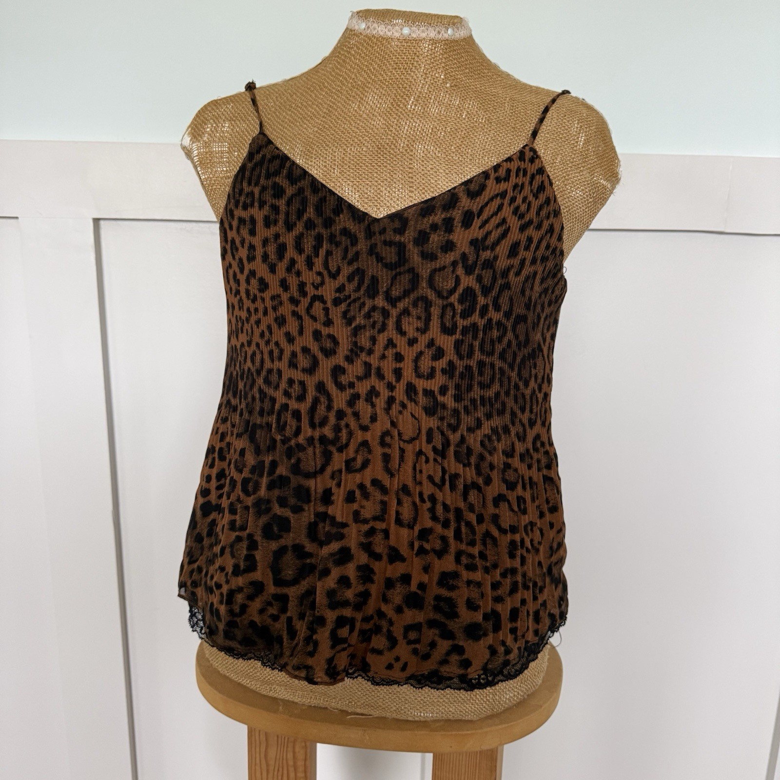 Zara TRF Camisole SMALL Animal Print Leopard Cheetah Y2K Pleated Lace Lined