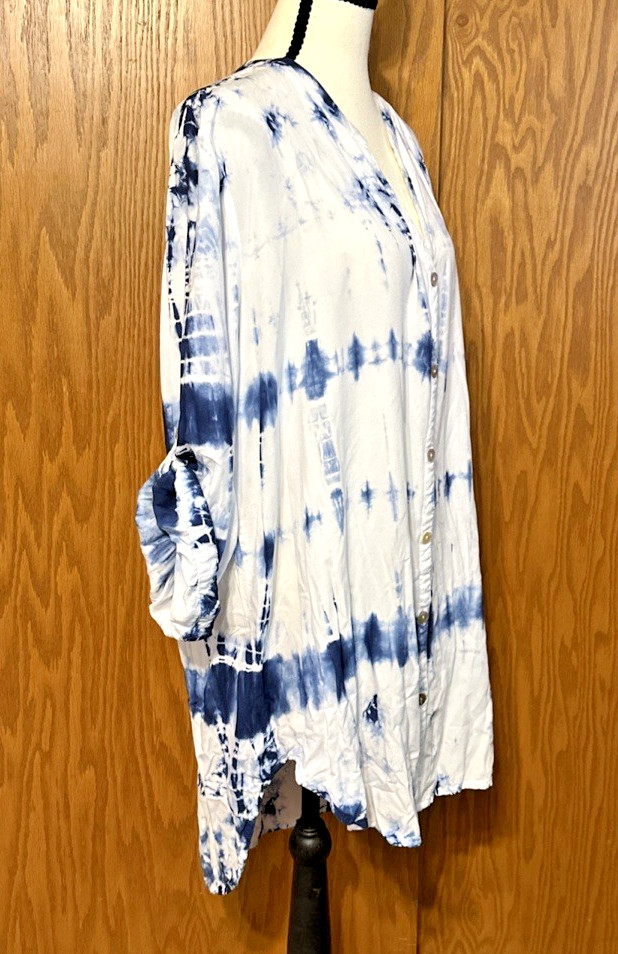 Blue Island Boho Tunic Button Blouse Plus Size XXL High Low Hem