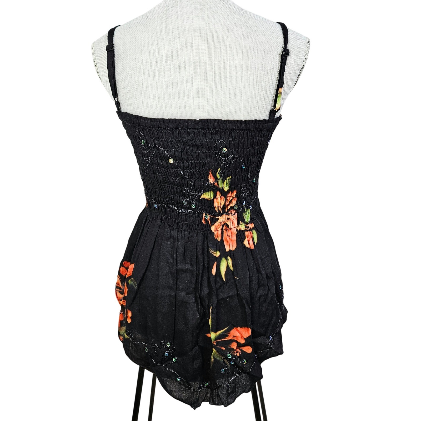 Boho Y2K Black Floral Smocked Sequin Camisole Top S Fairycore Beachy Festival