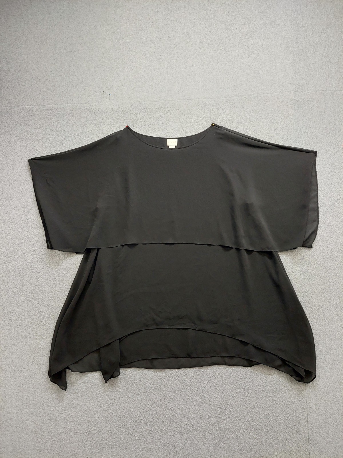 Chicos Women Blouse Top 3 Black Short Sleeve Layered 100% Poly Asymmetric Tunic