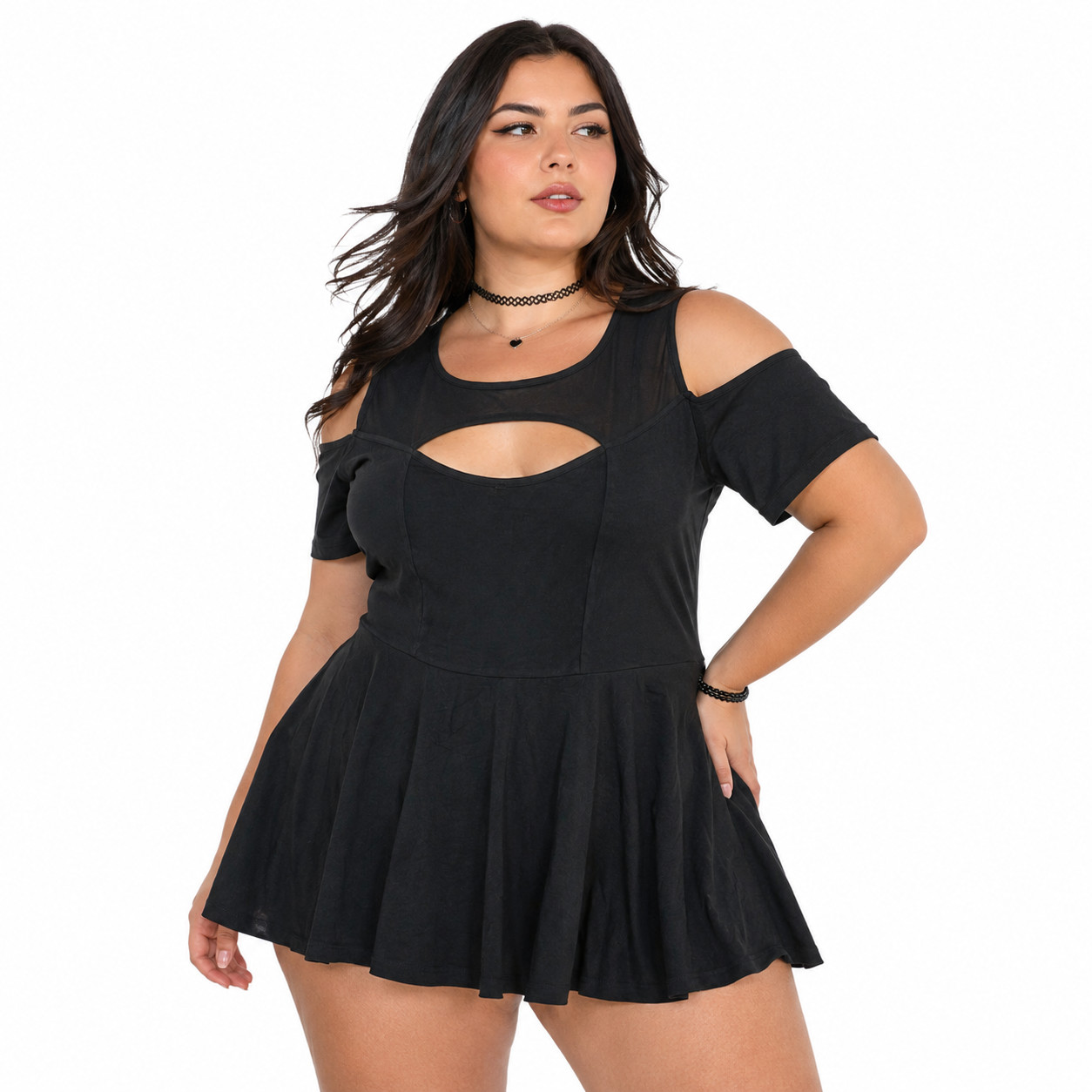Torrid Skater Womens Top Plus 1 Black Mesh Yoke Cold Shoulder Sleeve Casual Wear