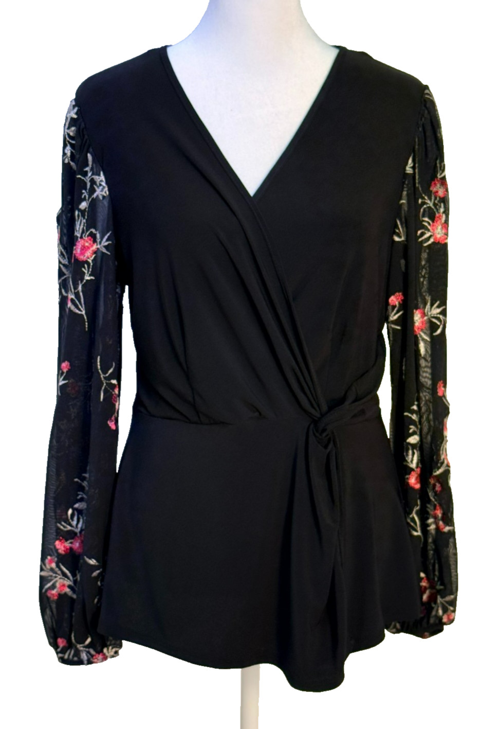 Per Seption Concept Blouse S Black Wrap V-Neck Sheer Floral Sleeve Knot Front