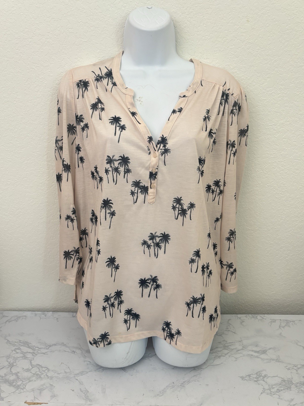 H&M Blouse Womens M Pink Floral Long Sleeve Split Neck Boho Peasant Beach Top