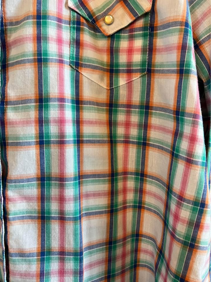 Women’s XL Wrangler Blue Green White Brown Pink Pearl Button Down Plaid Shirt