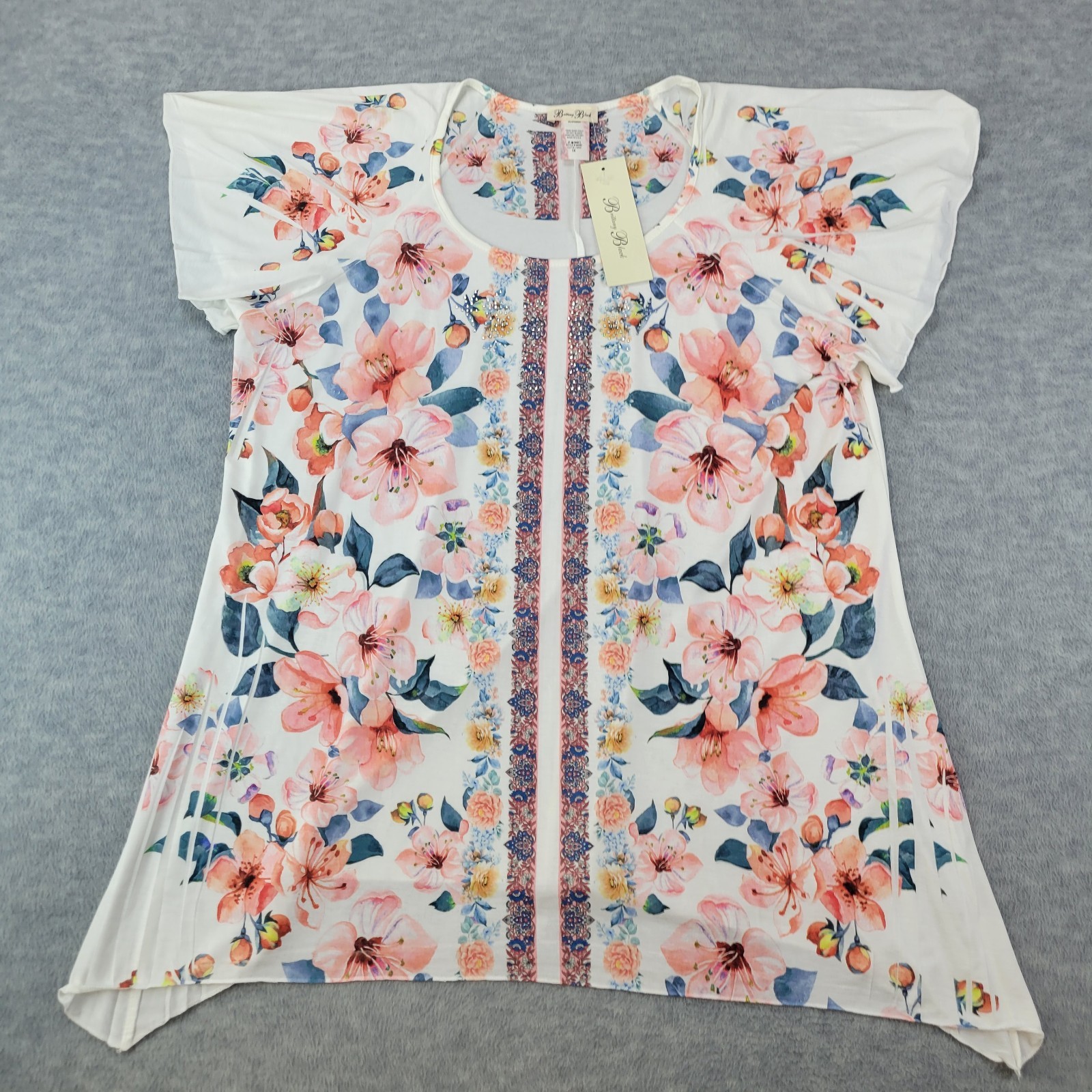 Brittany Black Shirt Blouse Peach Tropical Floral S/S Women’s Plus Size 1X NWT