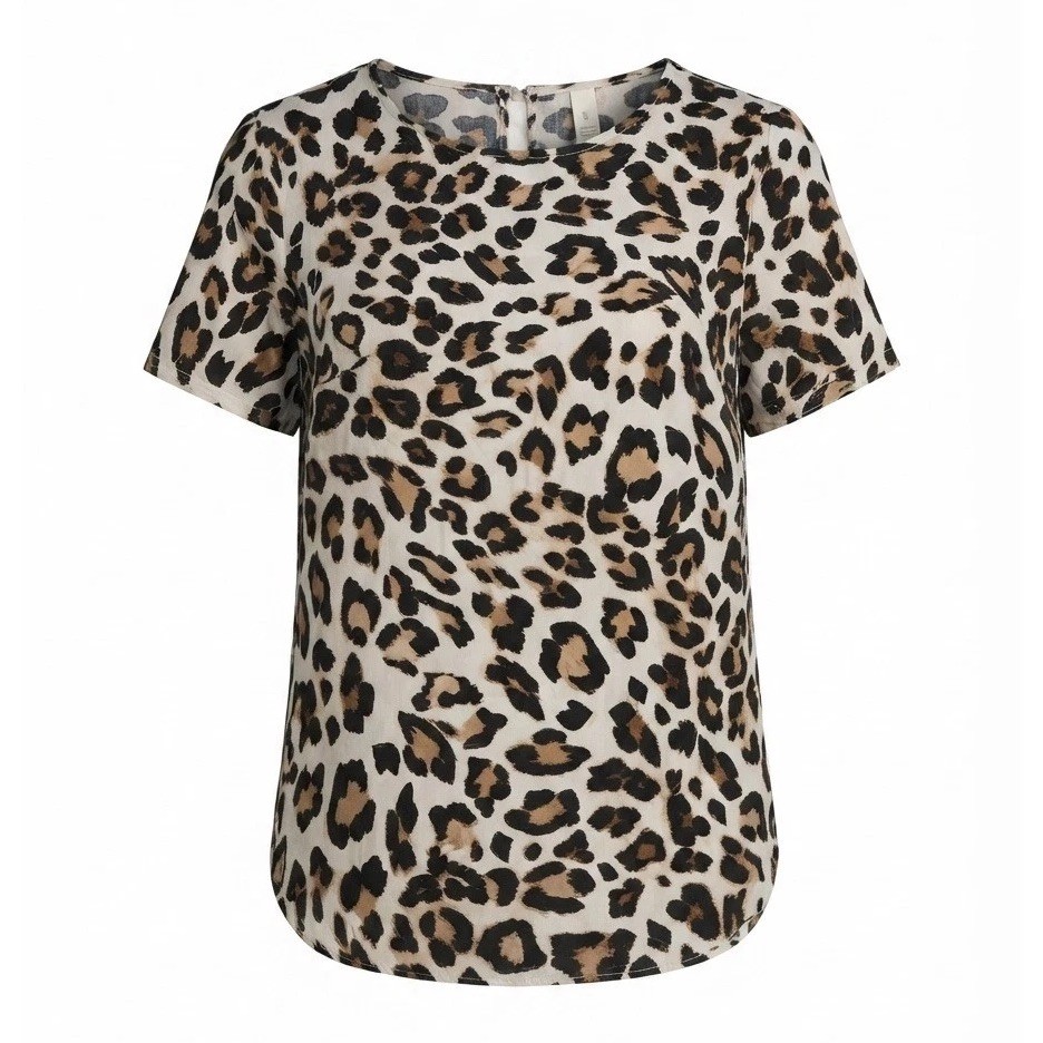 H&M Women’s Leopard Print Short Sleeve Blouse Top Back Keyhole Button Sz 14
