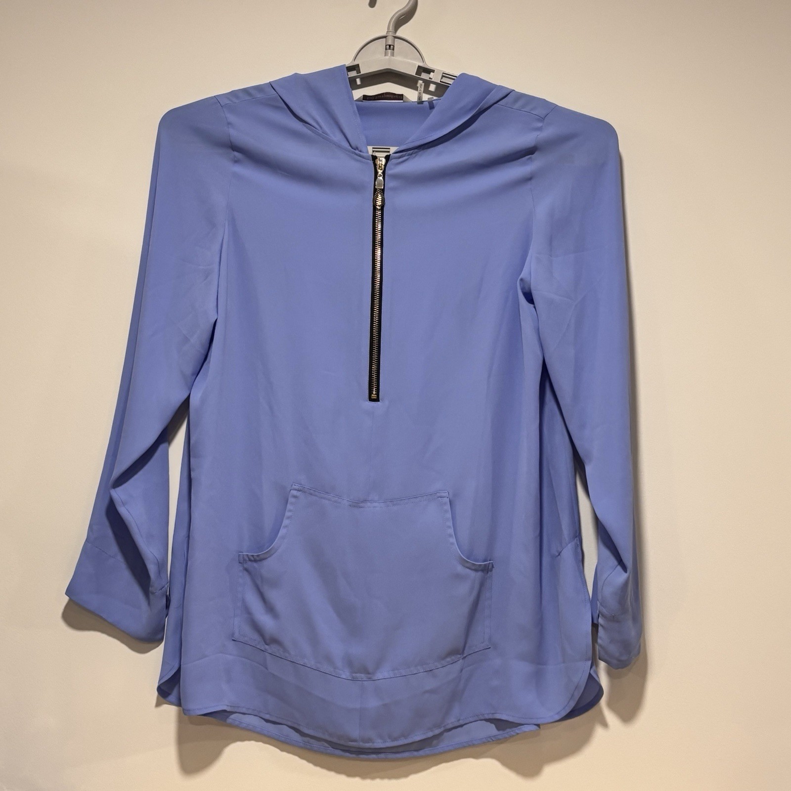 Soft Surroundings Blue Hooded Pullover Tunic Top Kangaroo Pocket 1/2 Zip Medium