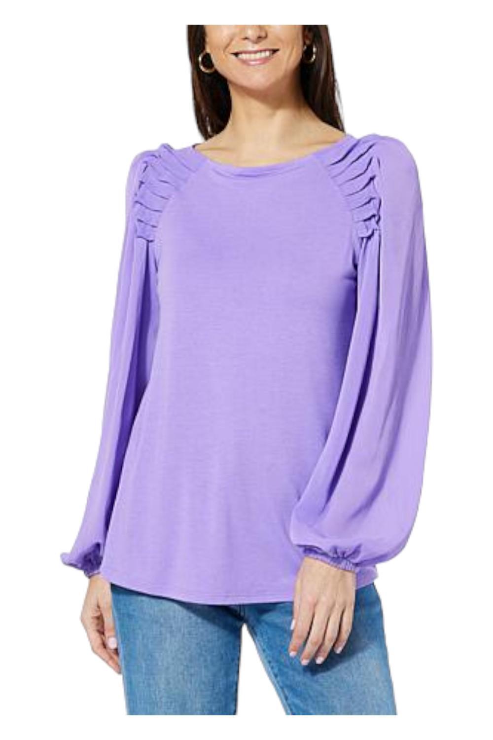 DG2 by Diane Gilman Pintucked Raglan Sleeve Mixed Media Top Violet