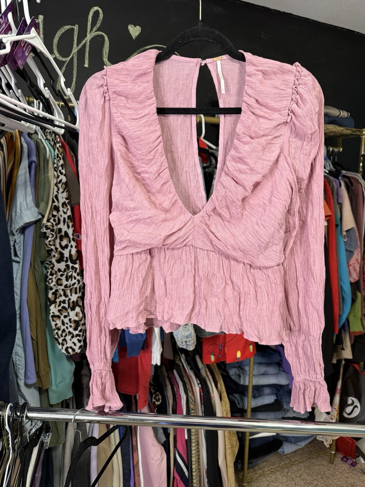 Free People Pink Ribbed Ruffle V-Neck Long Sleeve Button Blouse XS