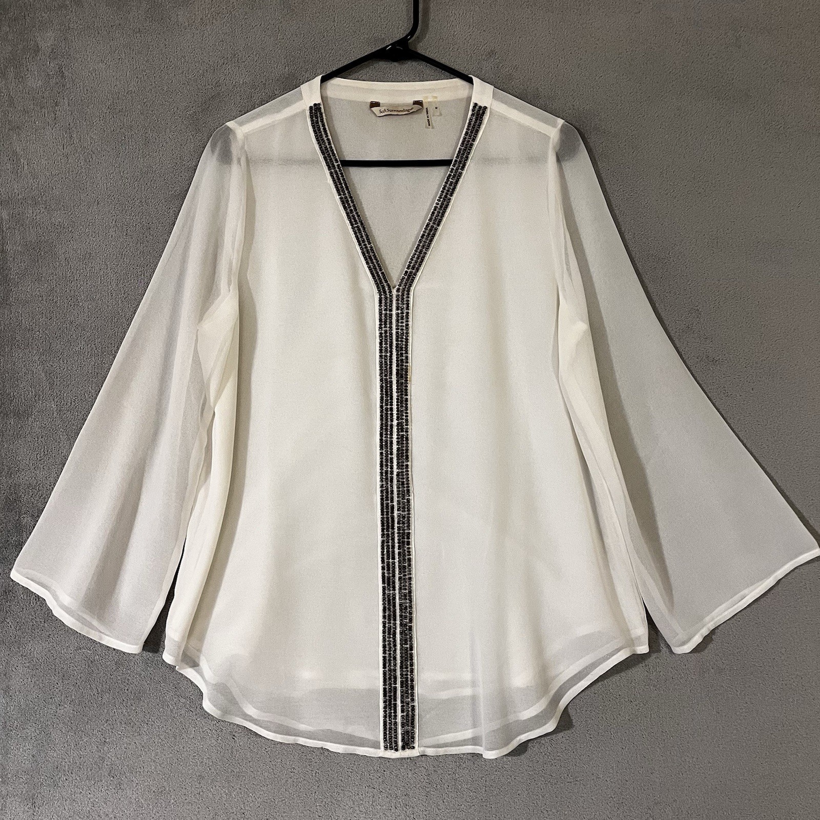 Soft Surroundings Ivory Blouse Womens M Long Sheer Sleeve Beaded Boho Romantic