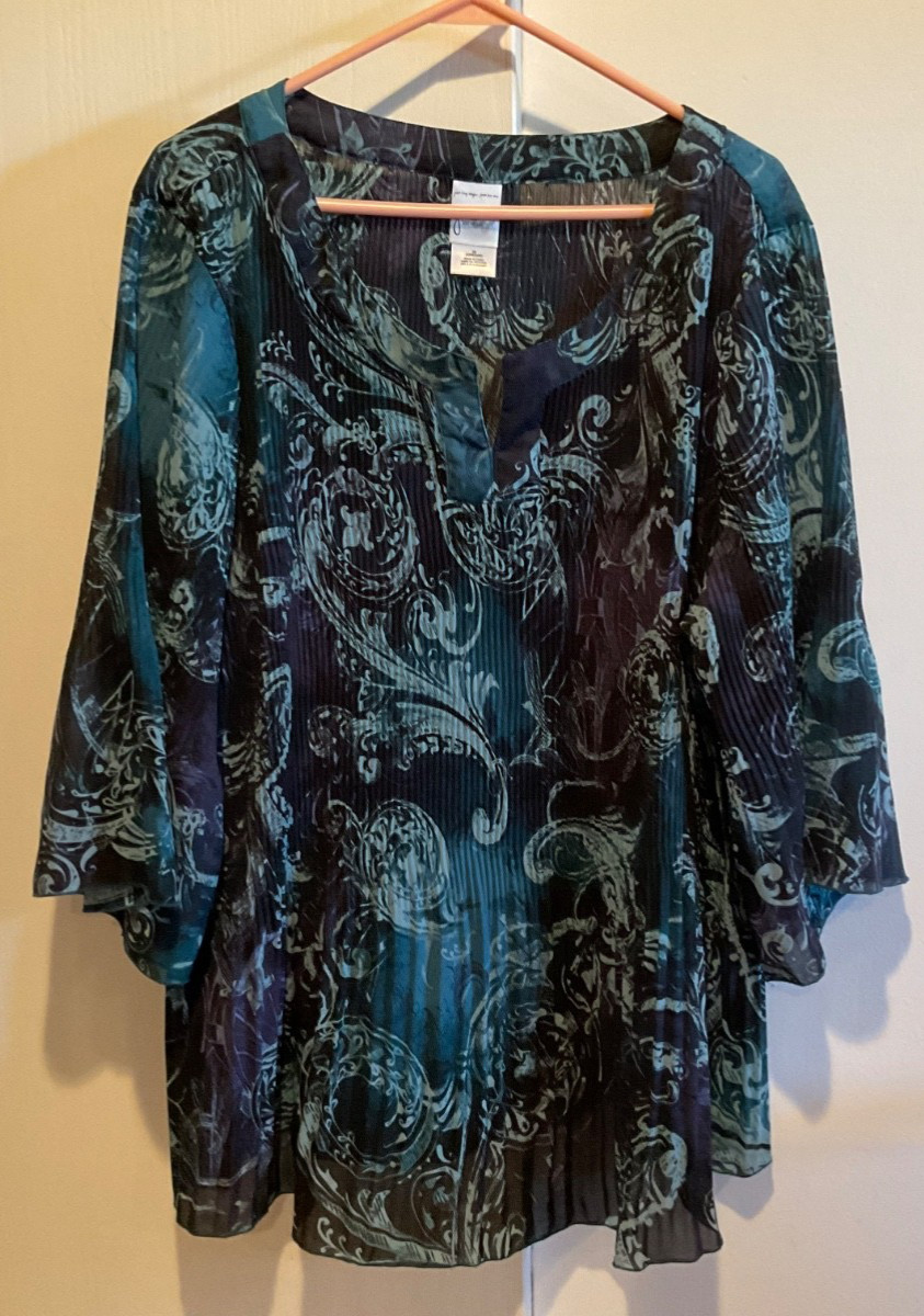JUST MY SIZE Women’s Pullover 3X Teal Navy Swirl Print Semi-Sheer Pleated Blouse