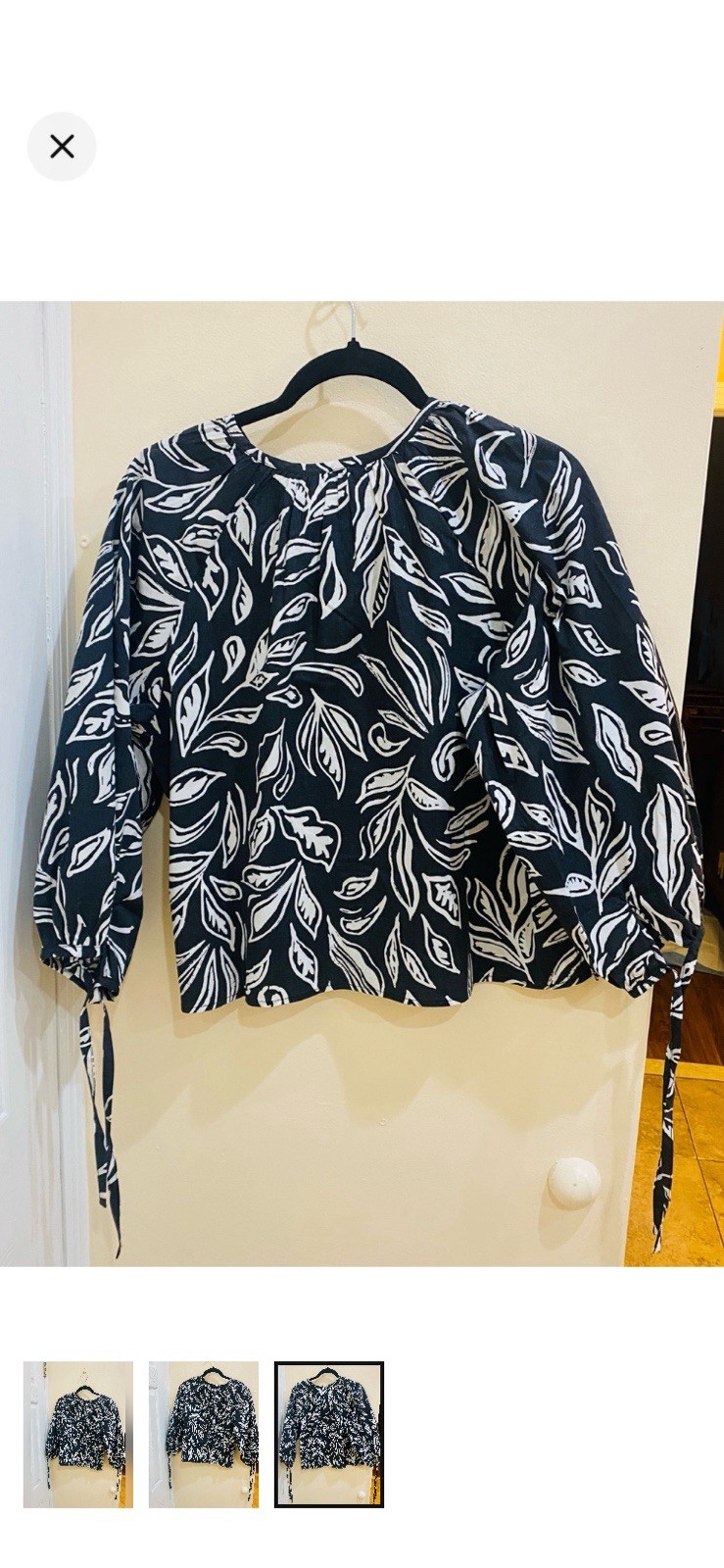 Women’s Black/White Floral Tie Sleeve Round Neck Long Sleeve Blouse M