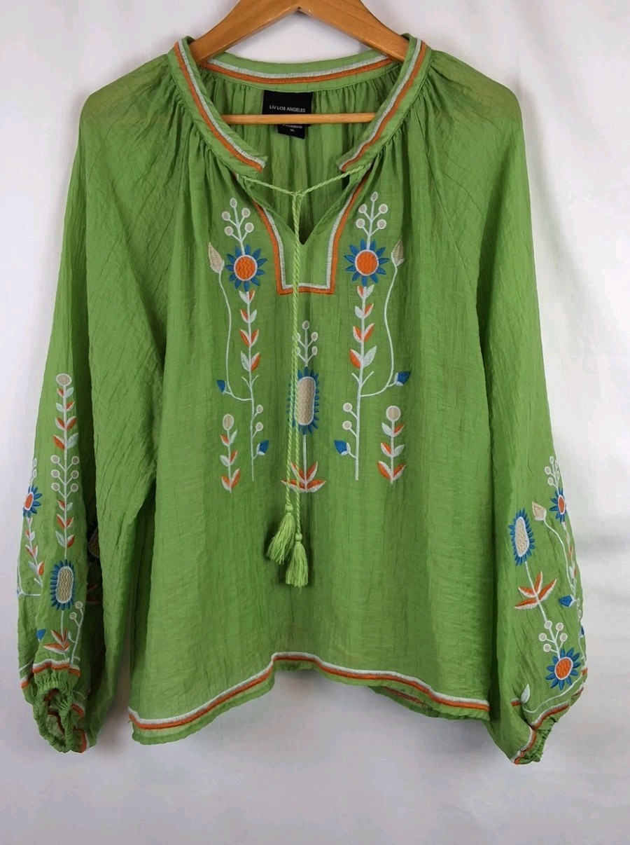 Liv Los Angeles Embroidered Floral Blouse Sz-XL Puff Sleeve Crinkly Boho Peasant