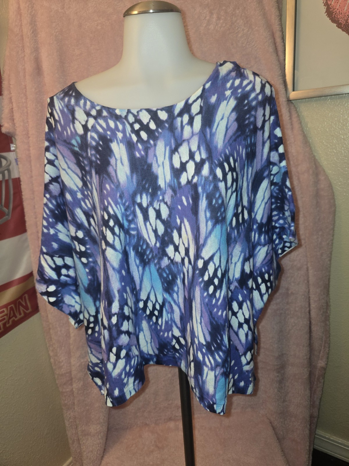 Elena Solano Women’s Blue Abstract Print 100% Cotton Short Sleeve Top 1X