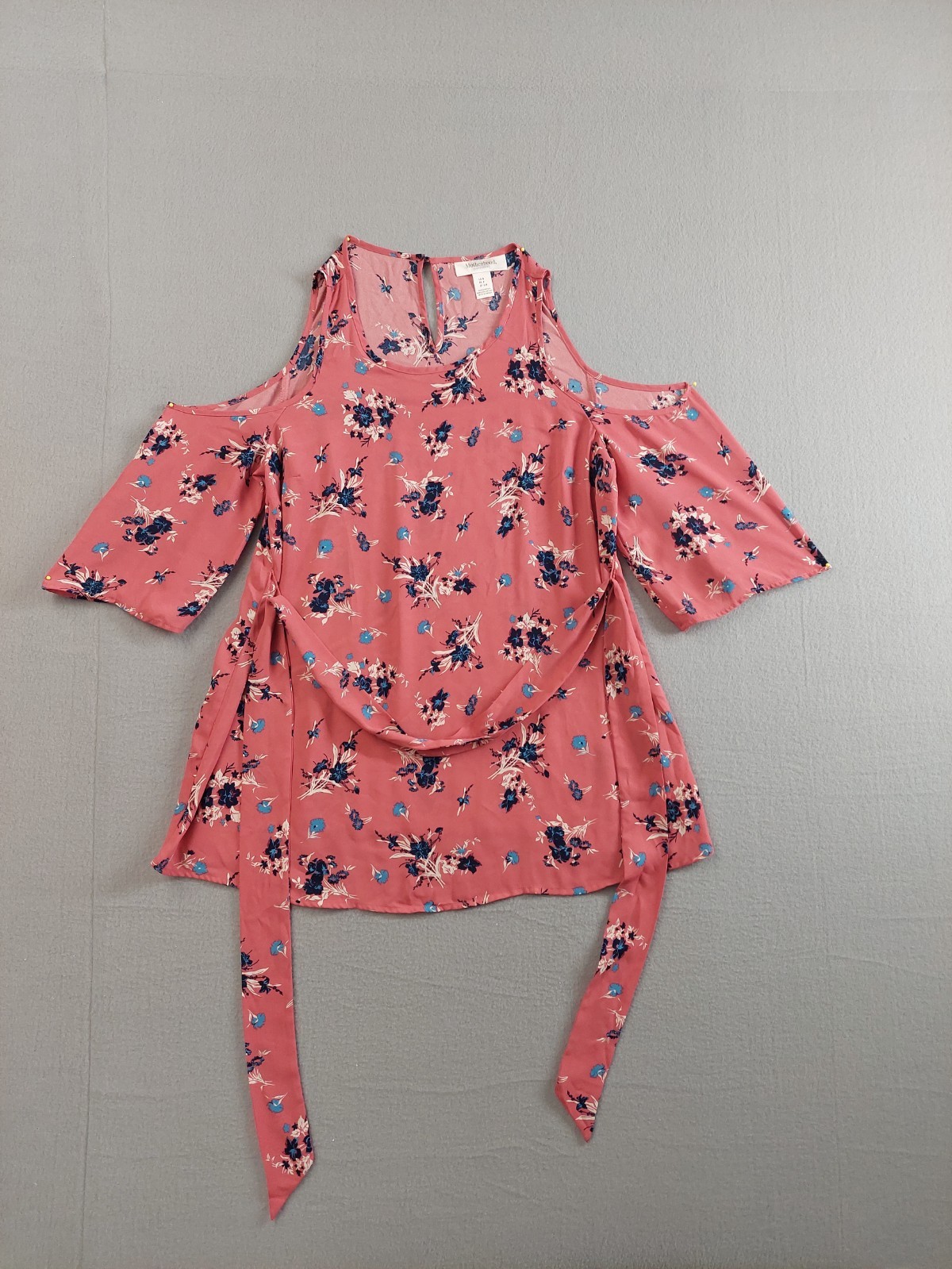 Motherwood Women Blouse Top S Coral Floral Print Cold Shoulder Tie Front Comfort