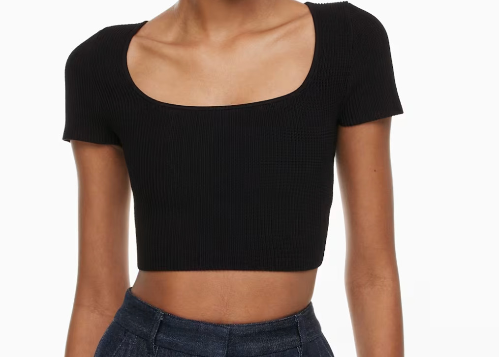 Aritzia Babaton Black Ribbed Crop Top Square Neck Short Sleeve Fitted top XXS