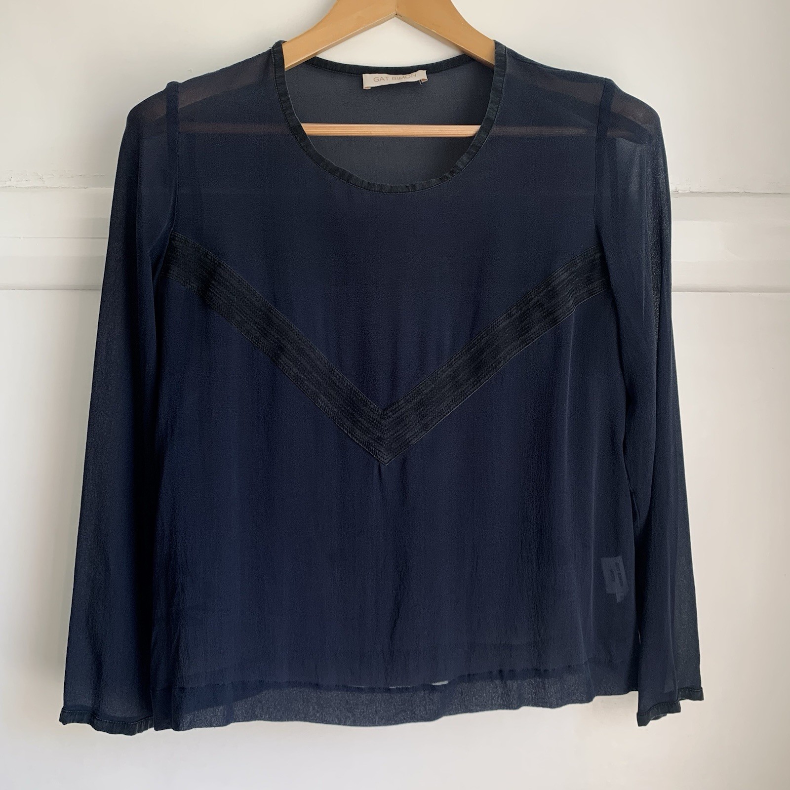 Gat Rimon 100% Pure Silk Top Womens UK 10 Midnight Blue Chevron detail Sheer