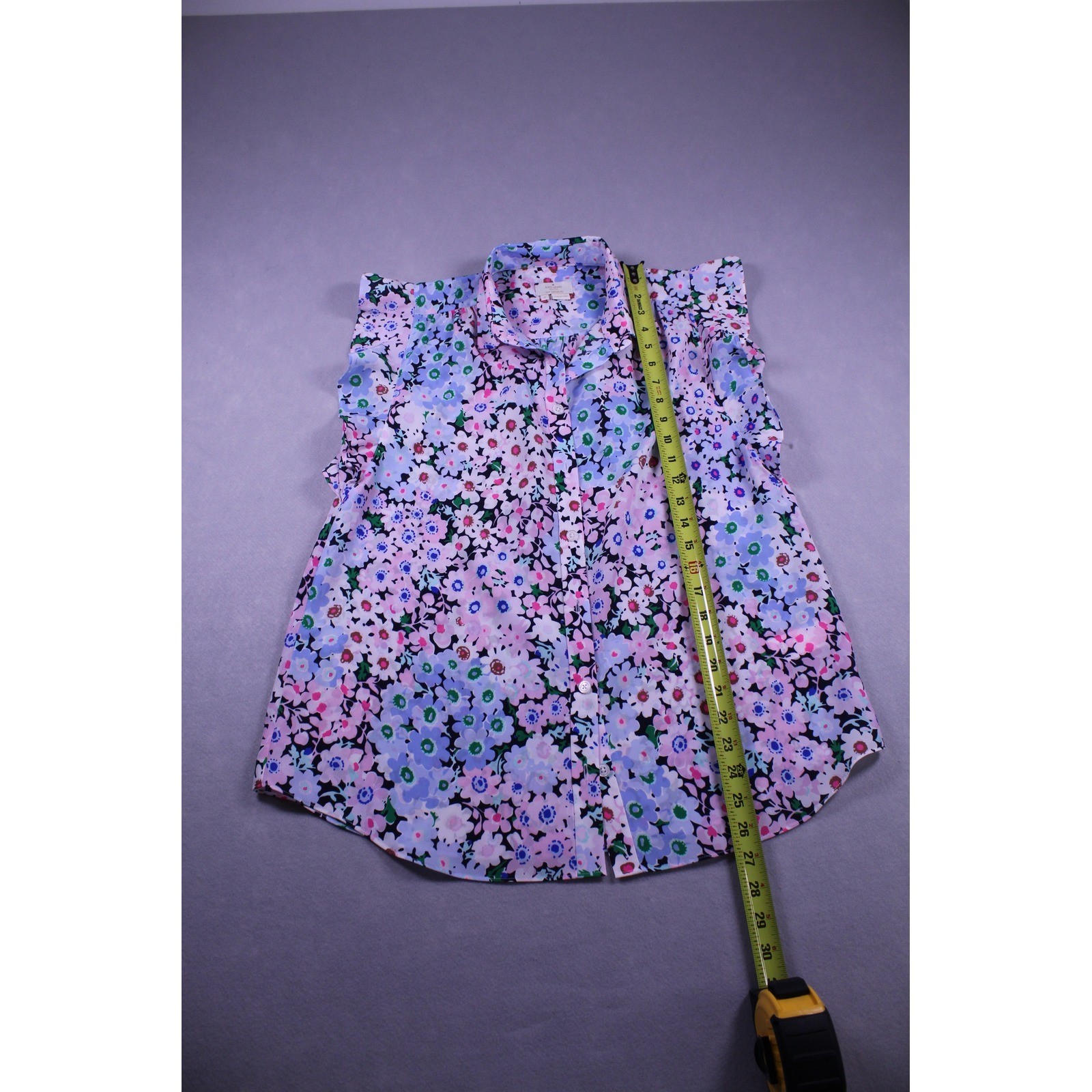 Kate Spade New York Womens Floral Ruffle Sleeve Button Down Top Pink Blue Medium