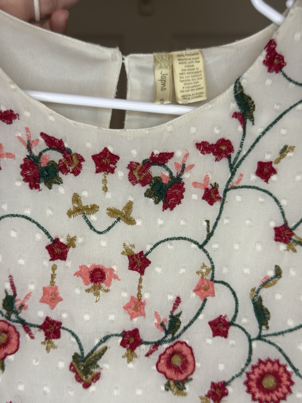 Japna Ivory Swiss Dot Chiffon Embroidered Floral Peplum Blouse S