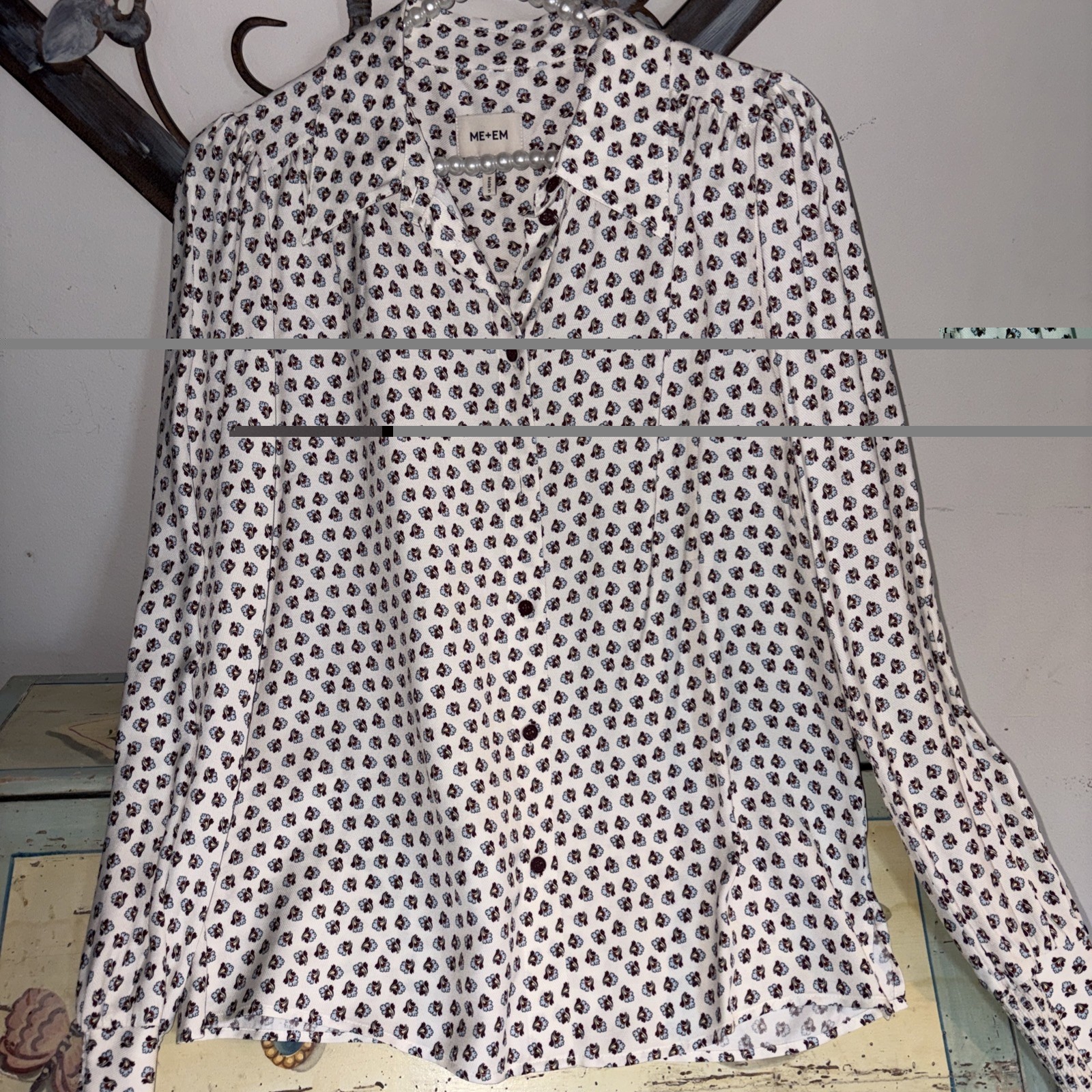 Me+Em Women’s Paisley Floral Print Long Sleeve Blouse Size 6 Crème Blue White
