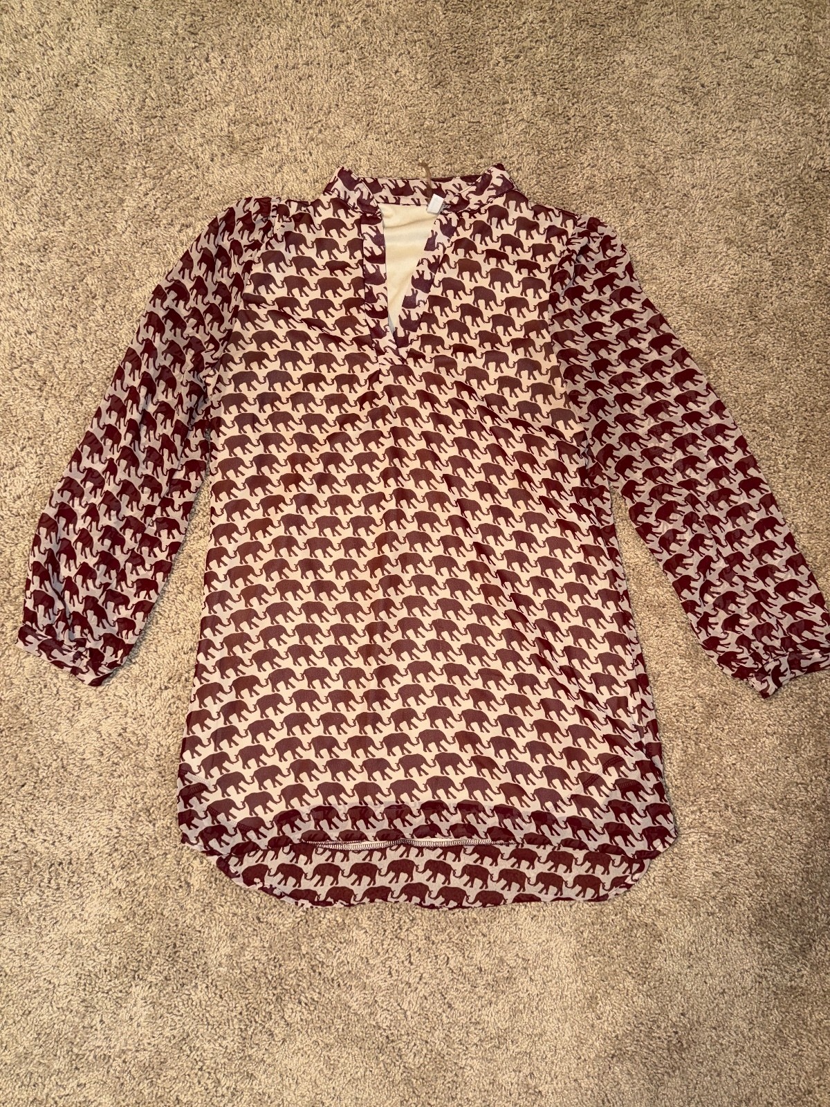 Auditions Burgundy and Cream Elephant Print Long Sleeve Blouse