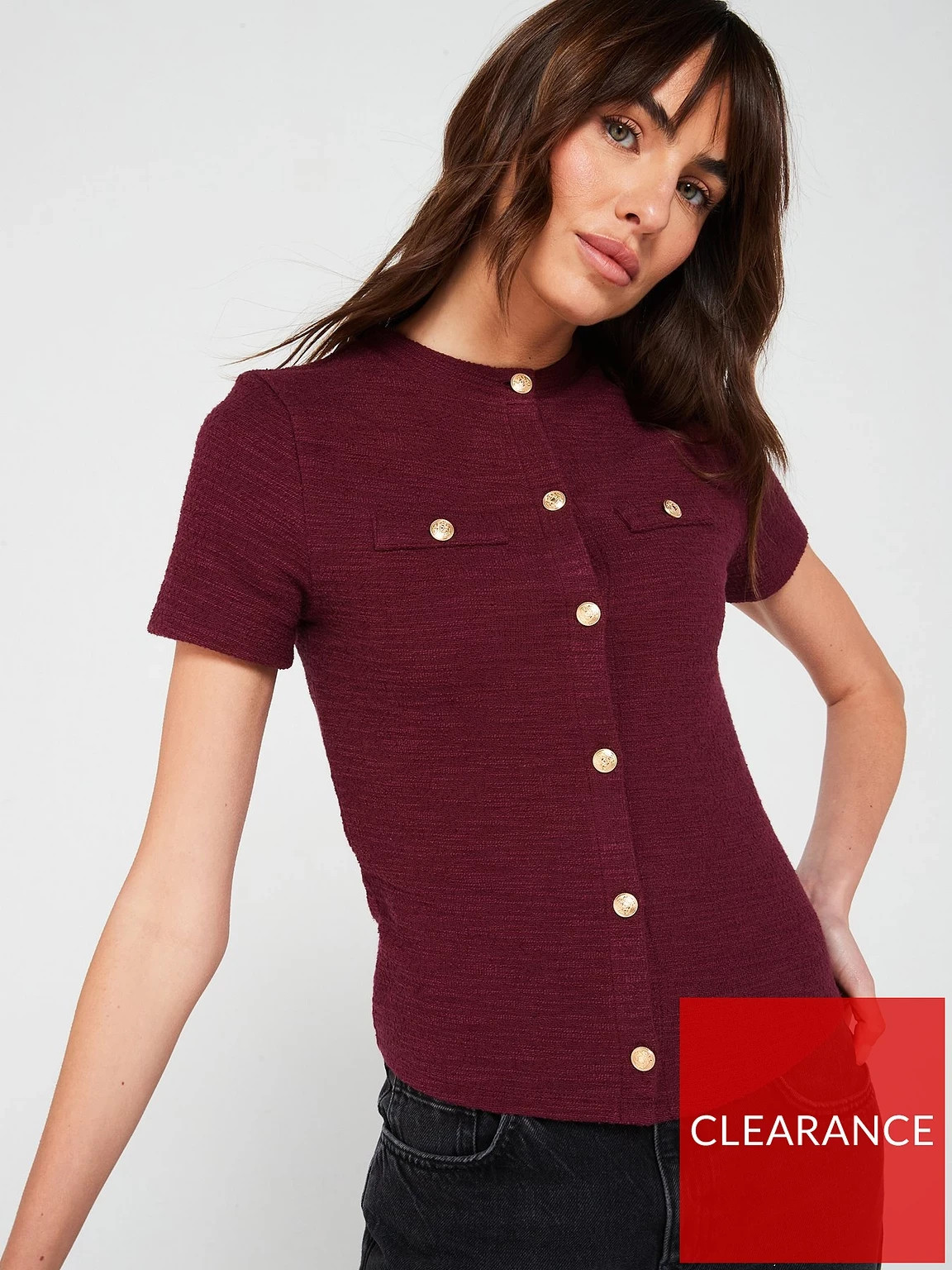 V by Very Boucle Short Sleeve Cardigan Top – Burgundy UK 10