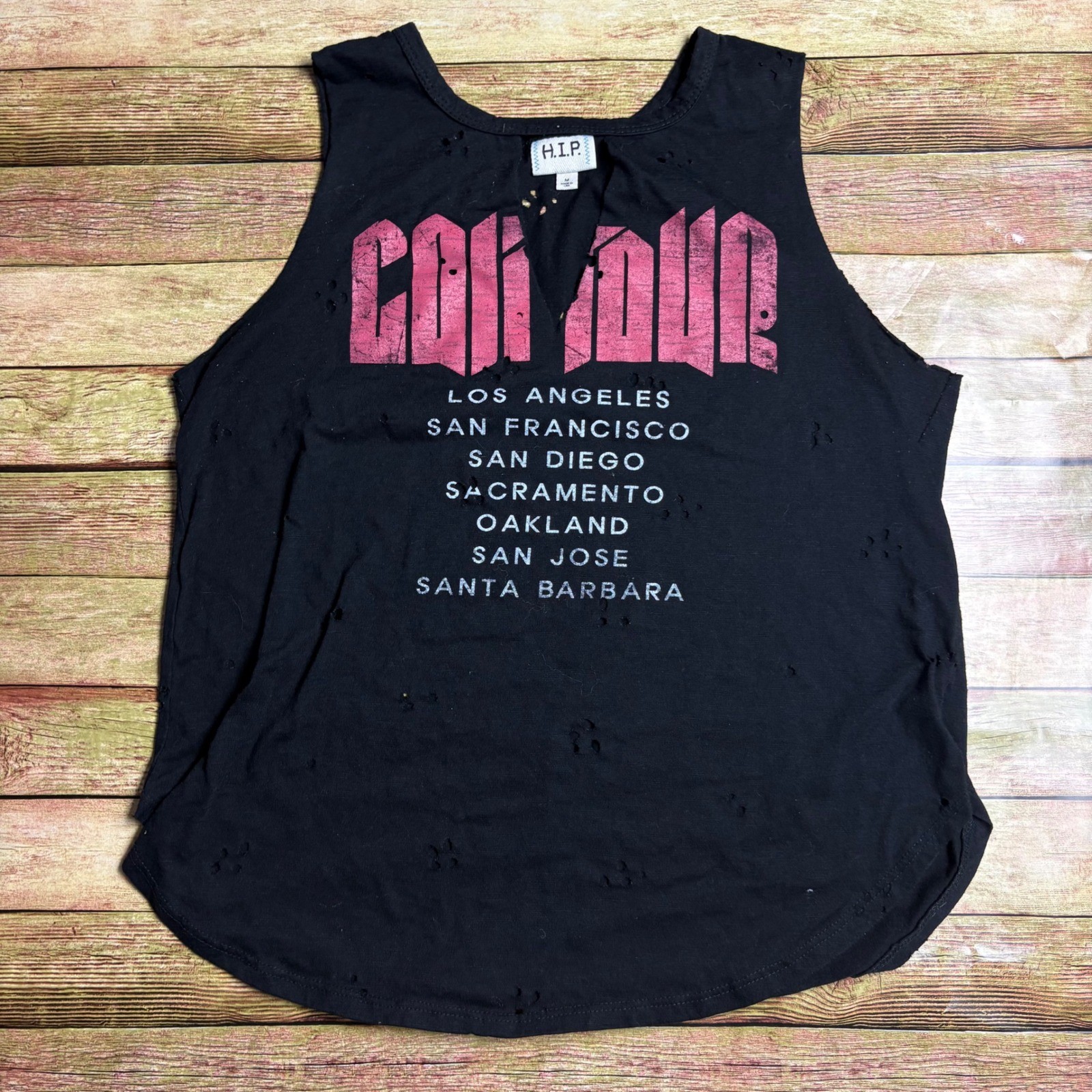 H.I.P. Conquer California Tour Distressed Rocker Tank Top California City List