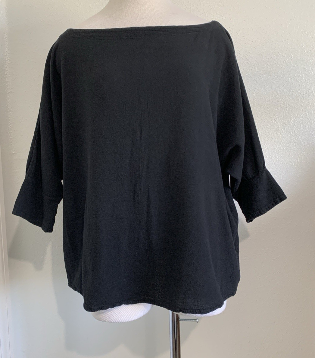 OH MY Gauze Top Womens S M Black 3/4 Bat Wing Boat Neck Boxy Lagenlook