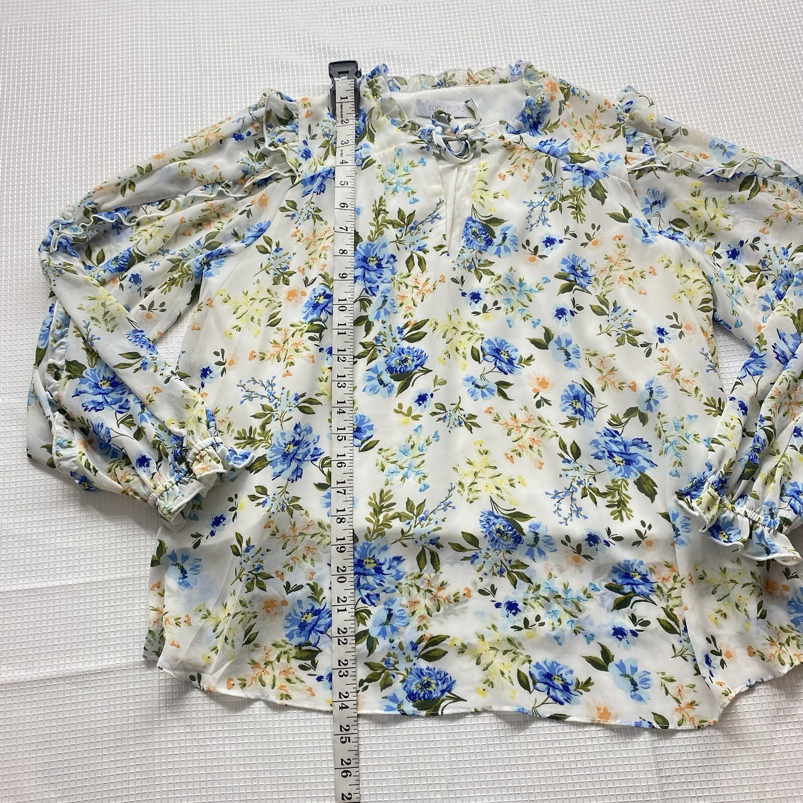 Sugar Lips Blouse Womens Small Balloon Sleeve Blue Floral V-Neck Ruffle Top