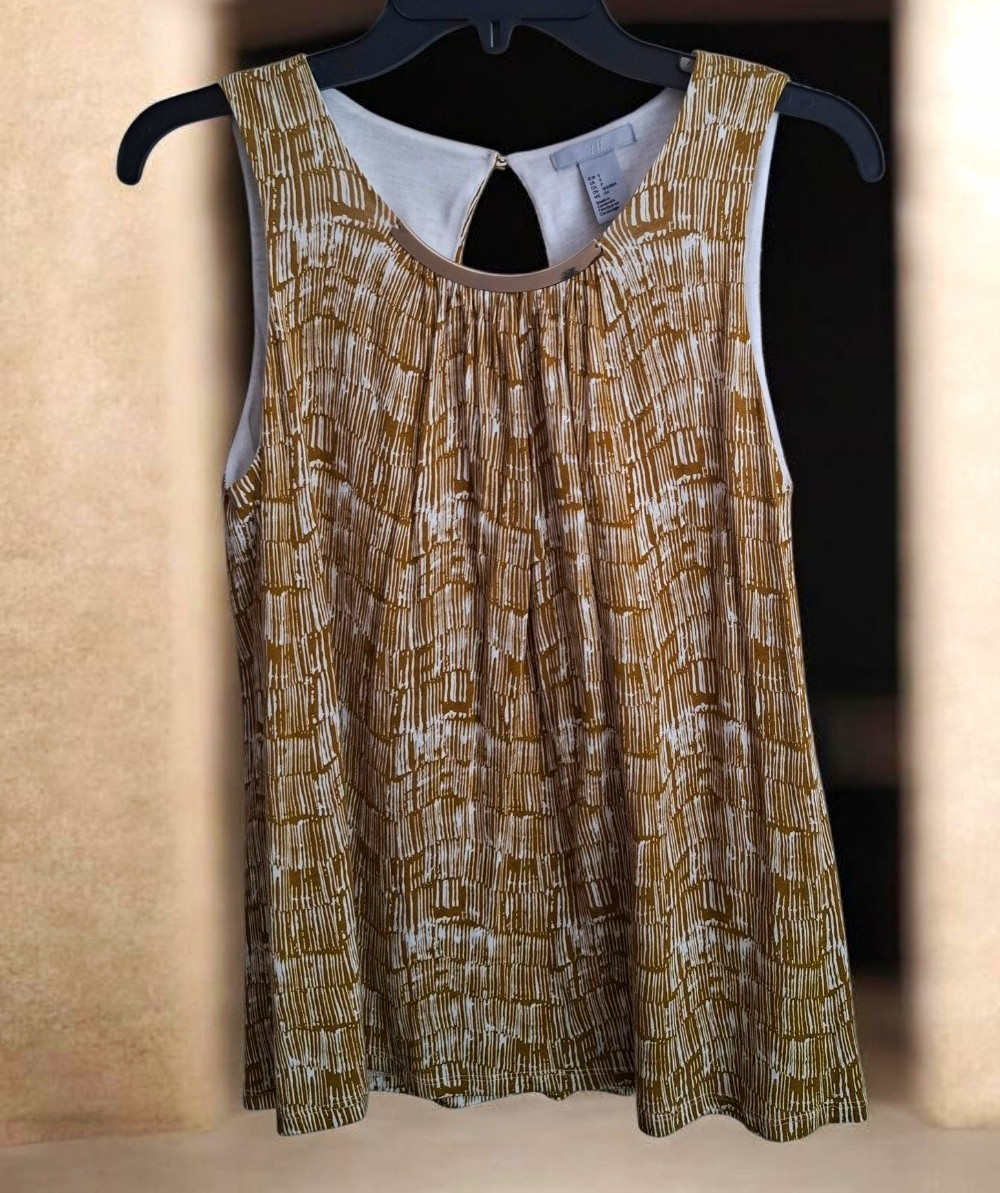 H&M Women’s S Brown & White Abstract Round Neck Sleeveless Tank Button Metallic