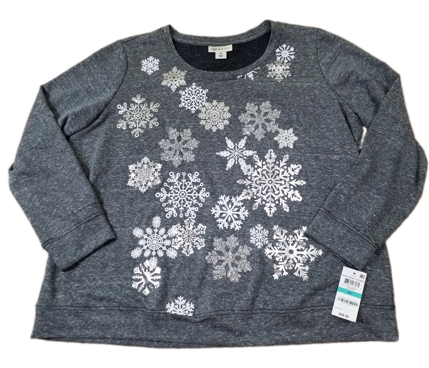 Style & Co.Woman ~Plus Size 0X~ Med Gray Graphic- Print Glitte Snowfall Top NWT