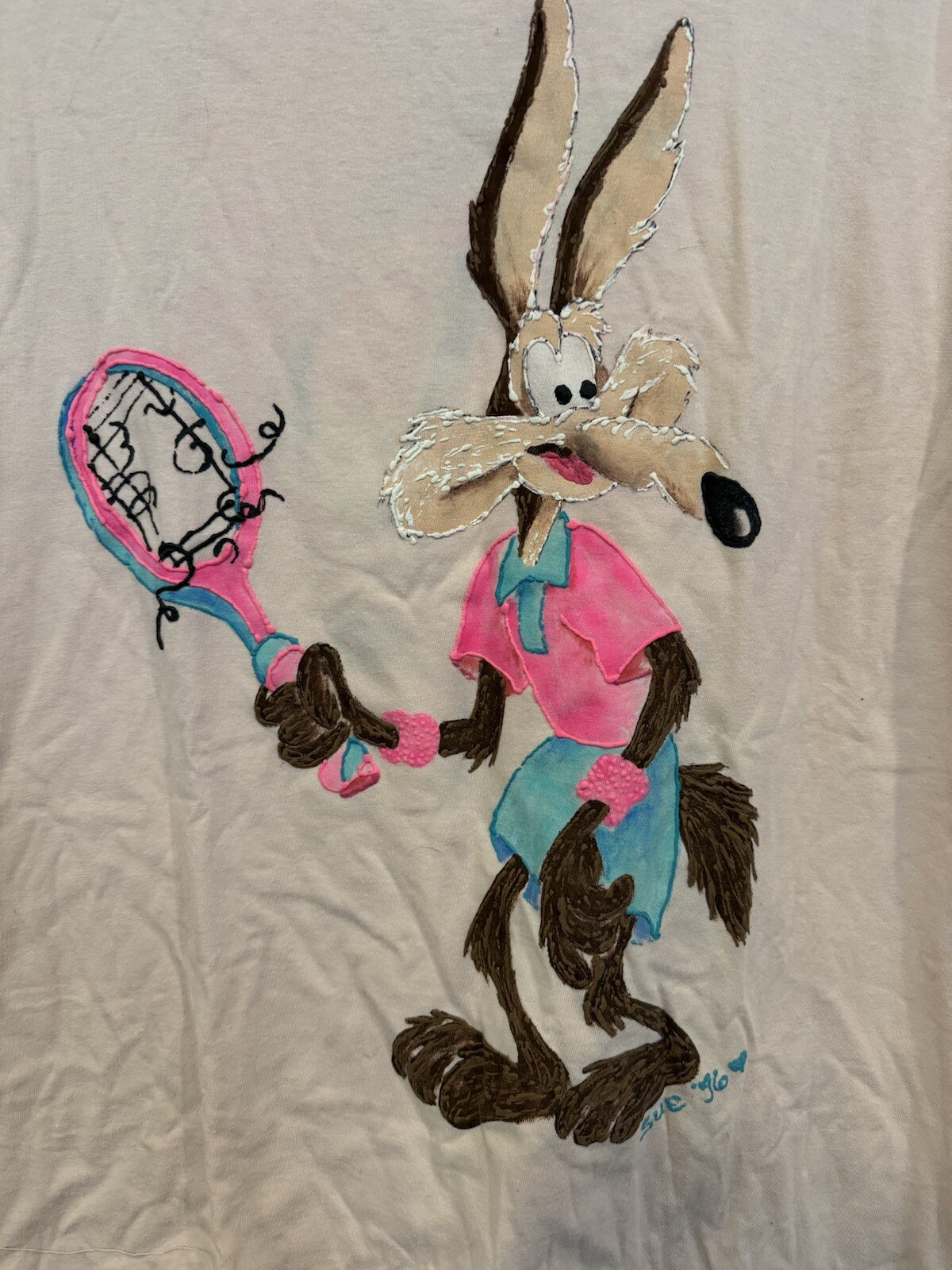 Vintage 90’s Shirt Sz L Wiley Coyote Roadrunner Hand Painted 100% Cotton