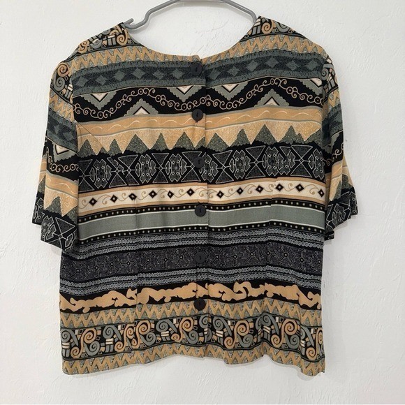 Vintage Prato Geometric Tribal Print Rayon Button Back Blouse Size 12