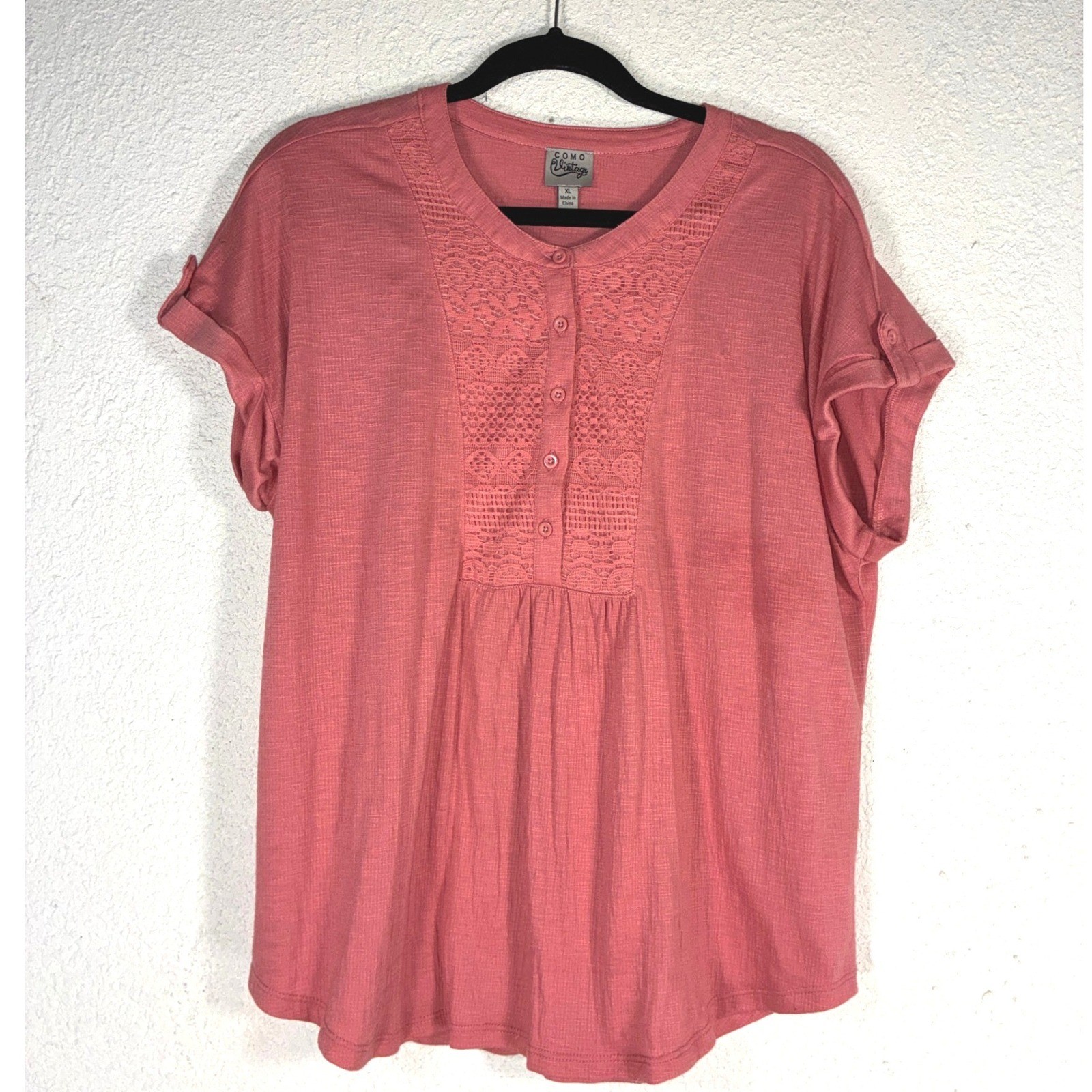 Como Vintage Coral Pink Crochet Lace Bib Short Sleeve Button Top XL Boho CS12192