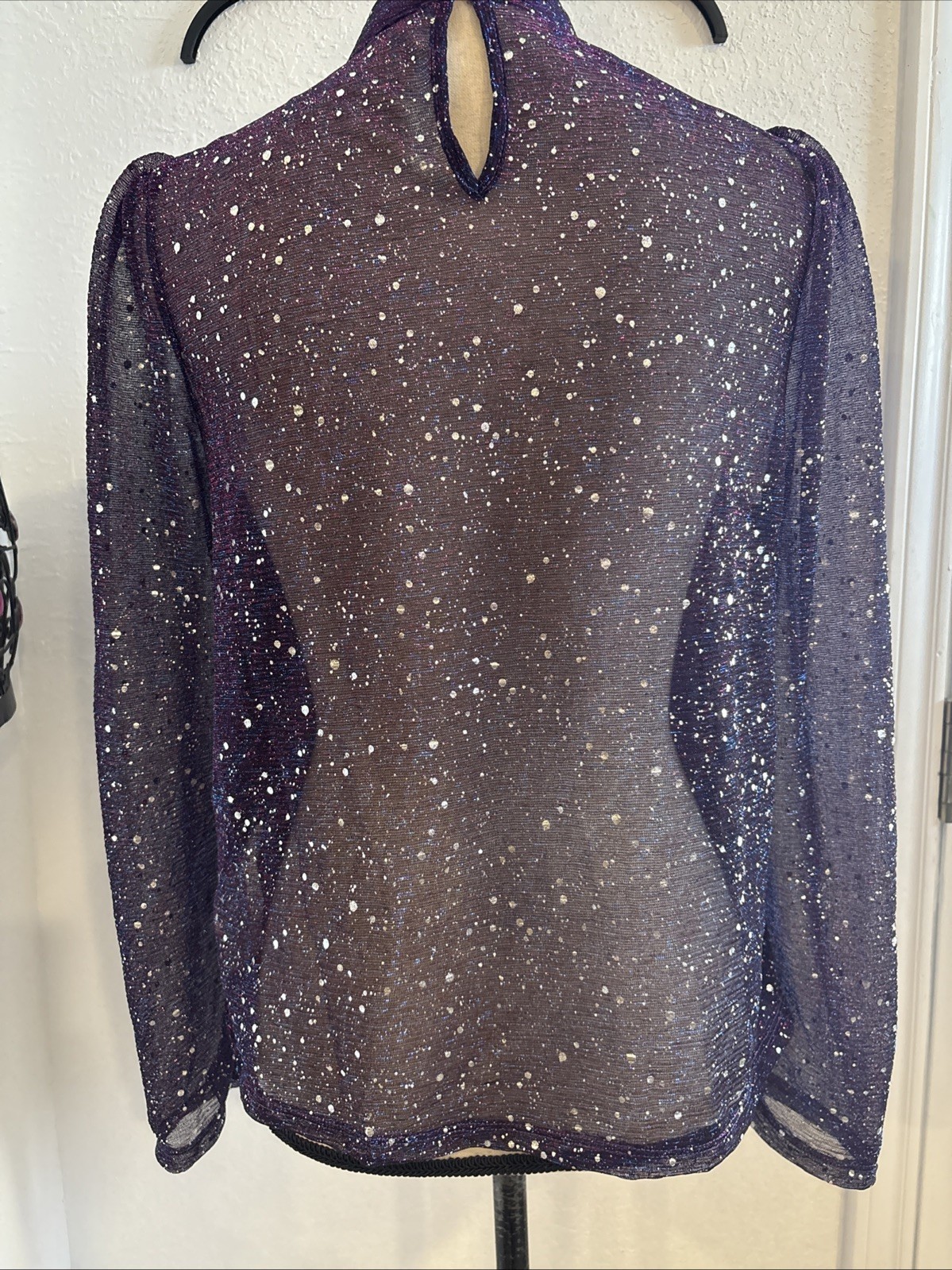 Shein Blouse Sheer Long Sleeves W/Shiny Silver Polka Dot Purple Size 4