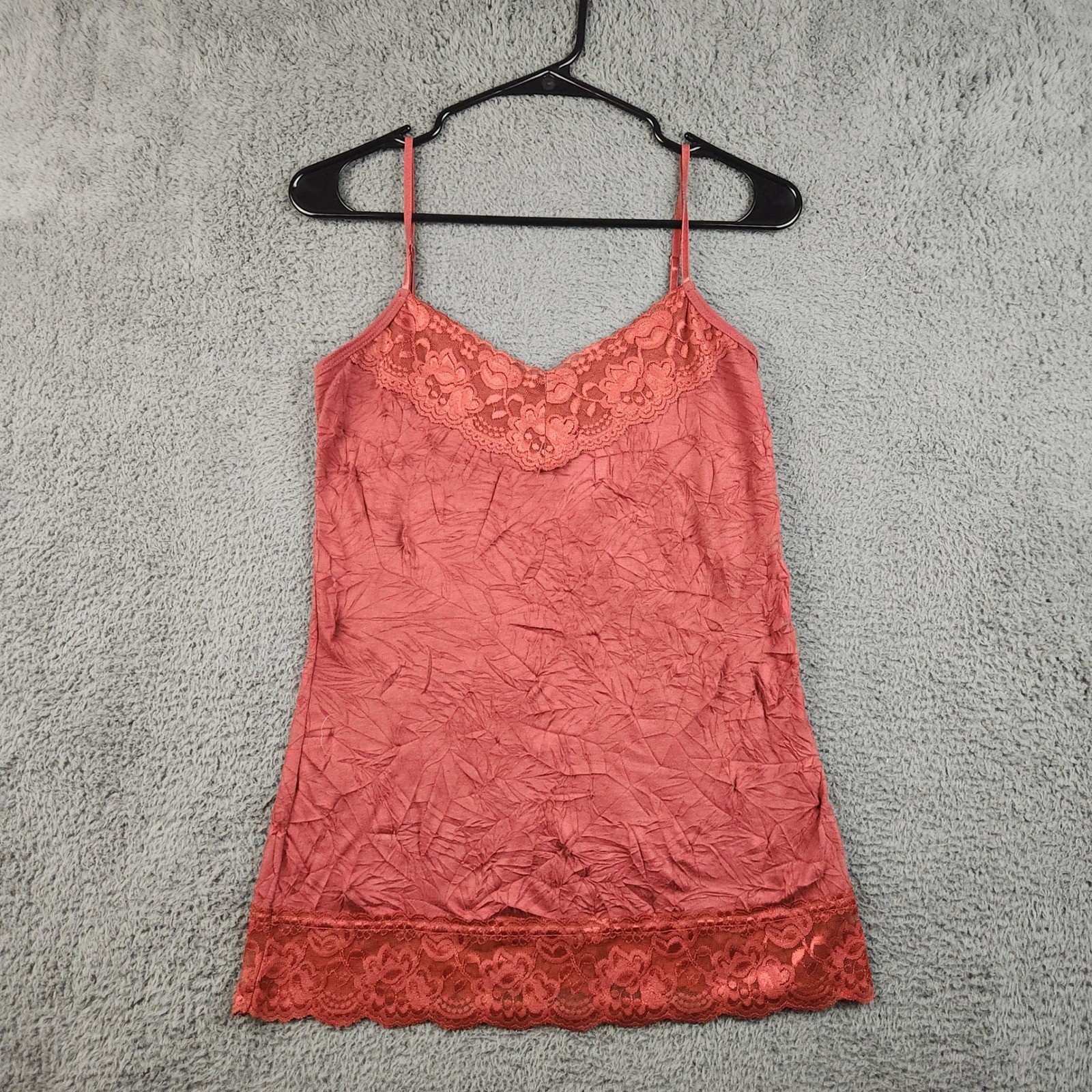 Women’s Y2K Lace Trim Crinkle Cami Tank Medium Rust Whimsigoth Fairy Coquette