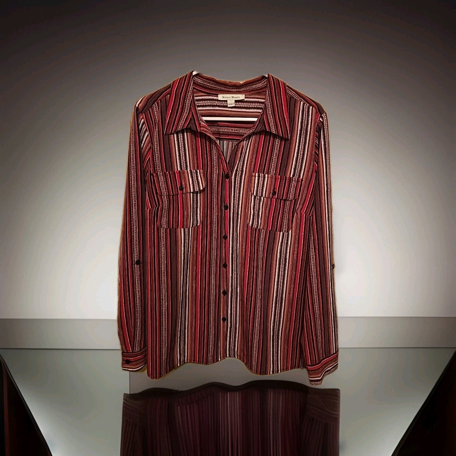Studio Works Shirt Large Roll Tab Long Sleeve Collar Neck Button Up Pockets