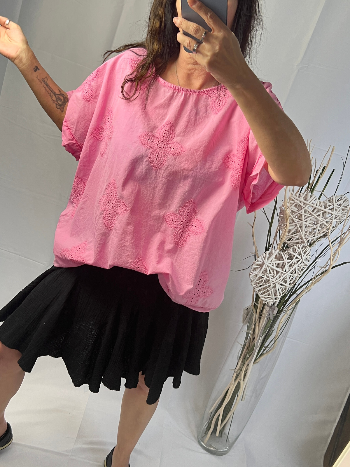 Italy new collection shirt blouse pink wash blogger size 38 40 42 44 eyelet embroidery