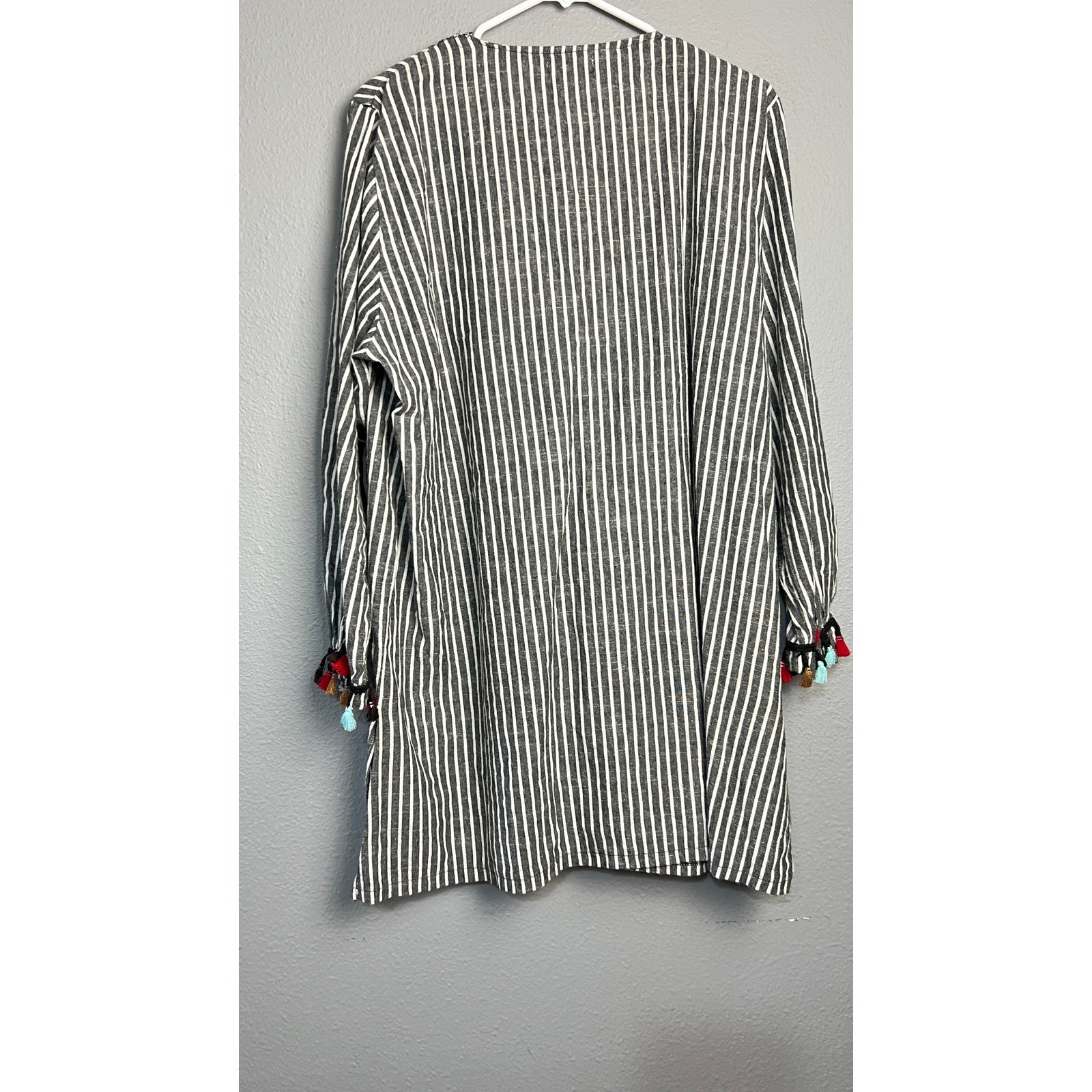 Velzera Womens 1XL Black White Striped Boho Tunic Top Tassel Embroidered Bib