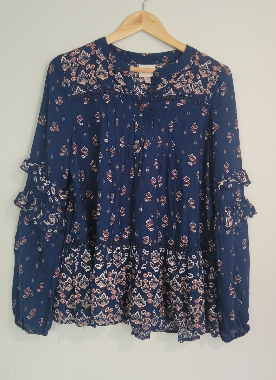 Women’s Blue Floral Button Front Ruffle Blouse Round Neck Long Sleeve M