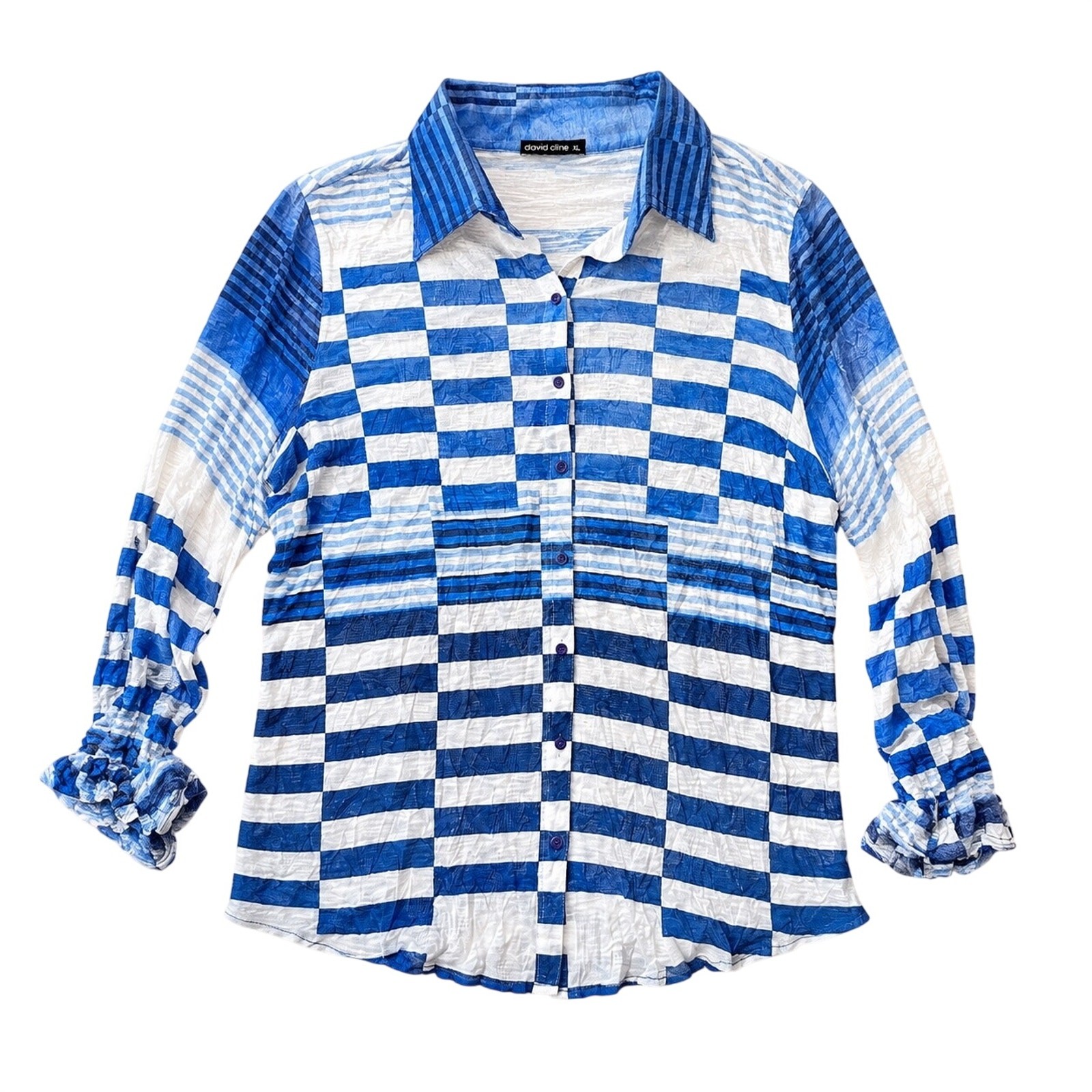 David Cline Crinkle Burnout Texture Blue White Stripe Button Up Coastal Size XL