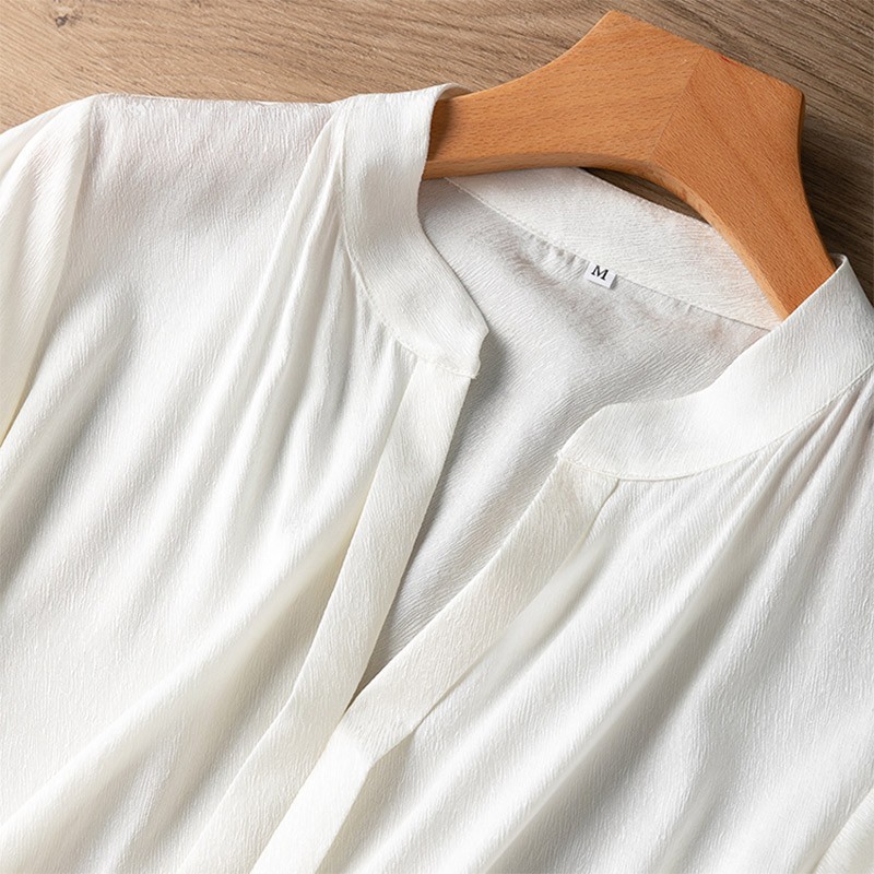 93% Silk 7% Spandex 20 momme White Long Sleeve Women Shirt Top Blouse MM4140