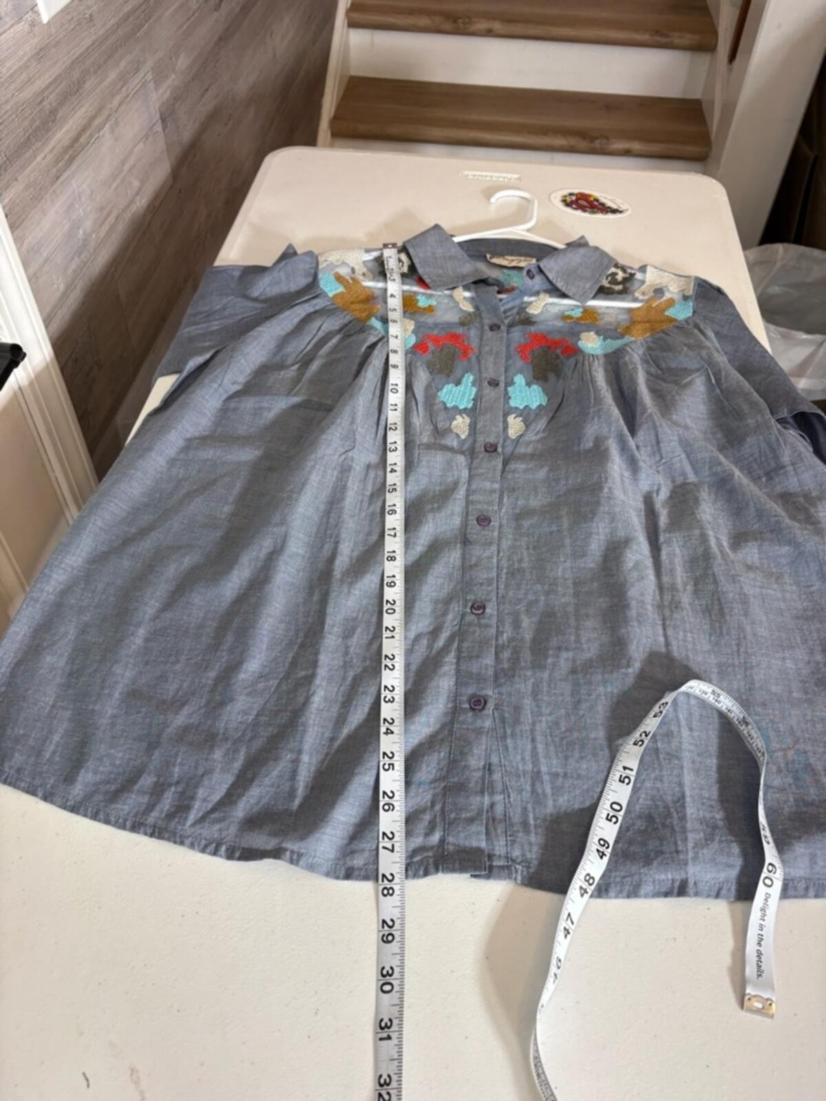 Embroidered Chambray Button-Down Shirt in Light Blue 1864