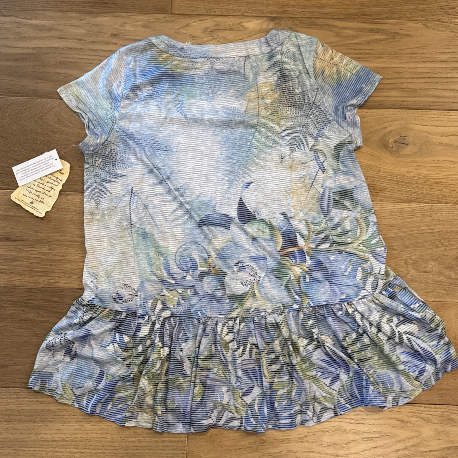 OneWorld Blue Floral Ruffle Hem Top Small Rhinestone Detail NWT