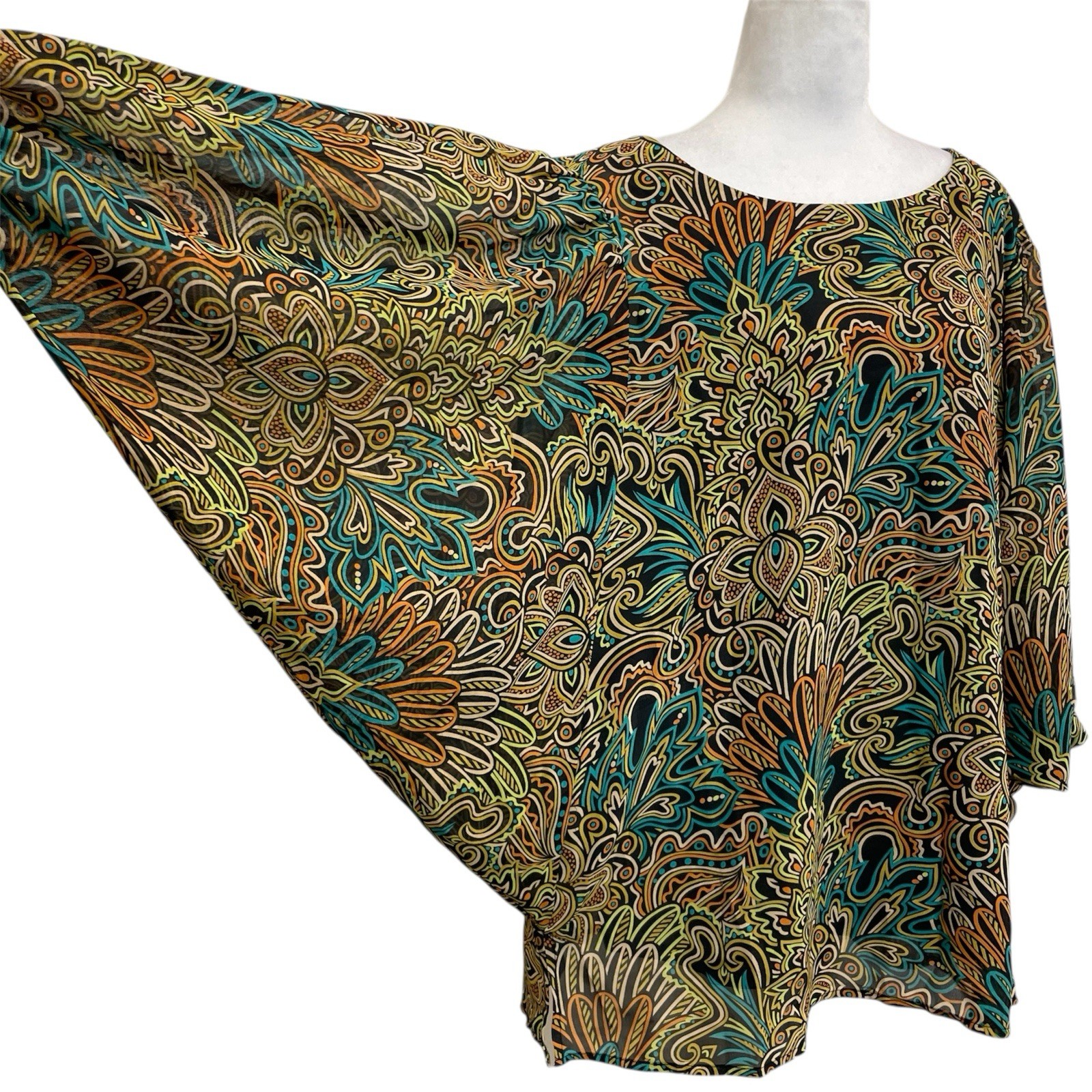 Bob Mackie Wearable Art Black Colorful Maximalist Dolman Butterfly Blouse sz XL
