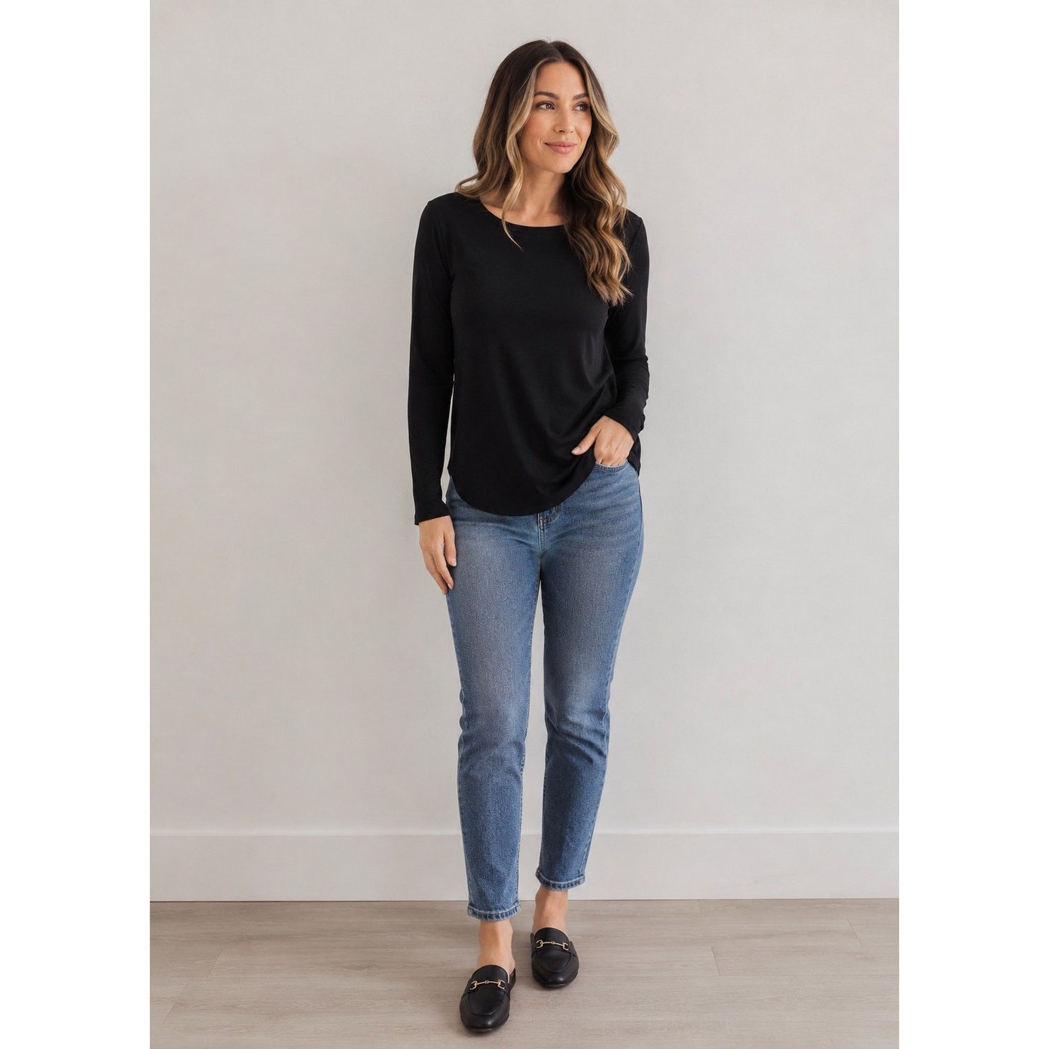 Eileen Fisher Black Tencel Cashmere Long Sleeve Crew Neck Size L Soft Luxury Tee